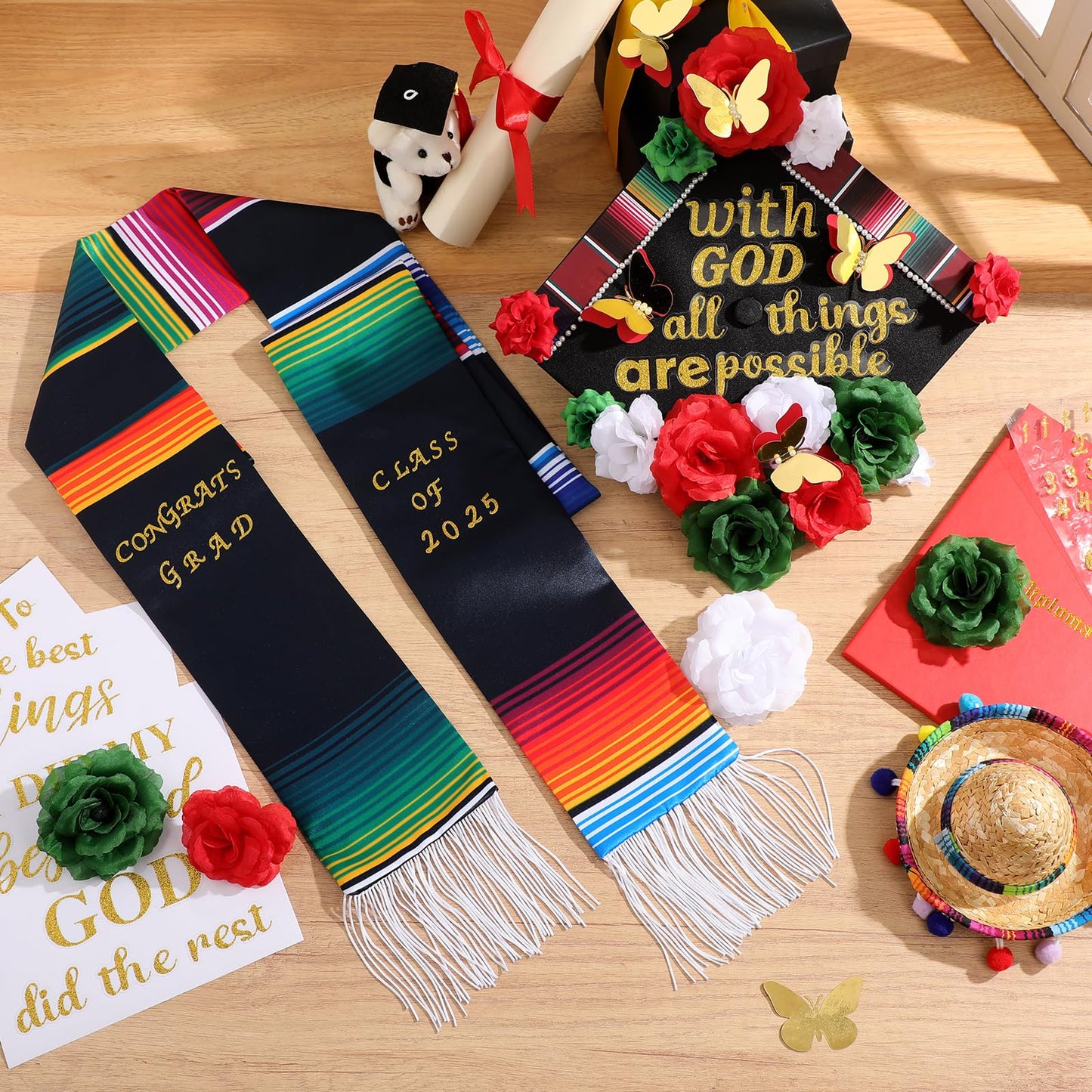 Knitgrip 41 Pcs DIY Mexican Graduation Cap Decorations Kit Graduation Stole Faux Flower Heads Graduation Quotes 3D Butterfly Glitter Letter Stickers Pearl Stickers for Graduation Cap Decoration Craft