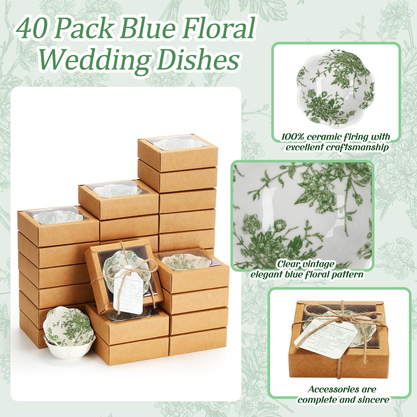Teenyyou 40 Pack Wedding Favors for Guests Small Ceramic Bowls Bulk Gifts Set 3.3 Inch Sage Green Verdure Design Mini Dipping Bowl Sauce Dish with Cards Box for Party Shower Favor Souvenir