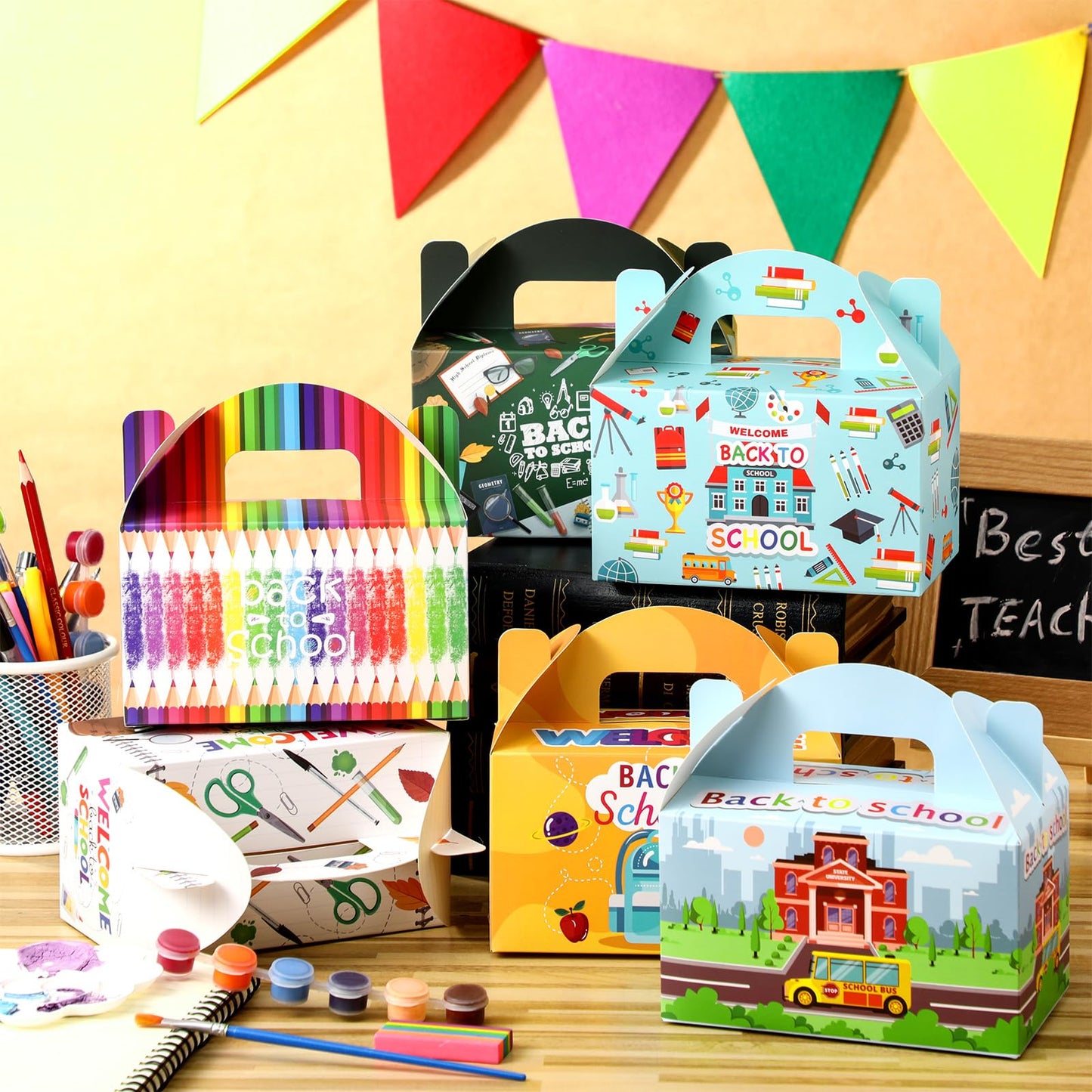 Dunzoom 24 Pcs Back to School Party Favor Boxes First Day of School Gift Goodie Candy Cookie Treat Boxes with Handles for Classroom New Semester Favors Party Supplies