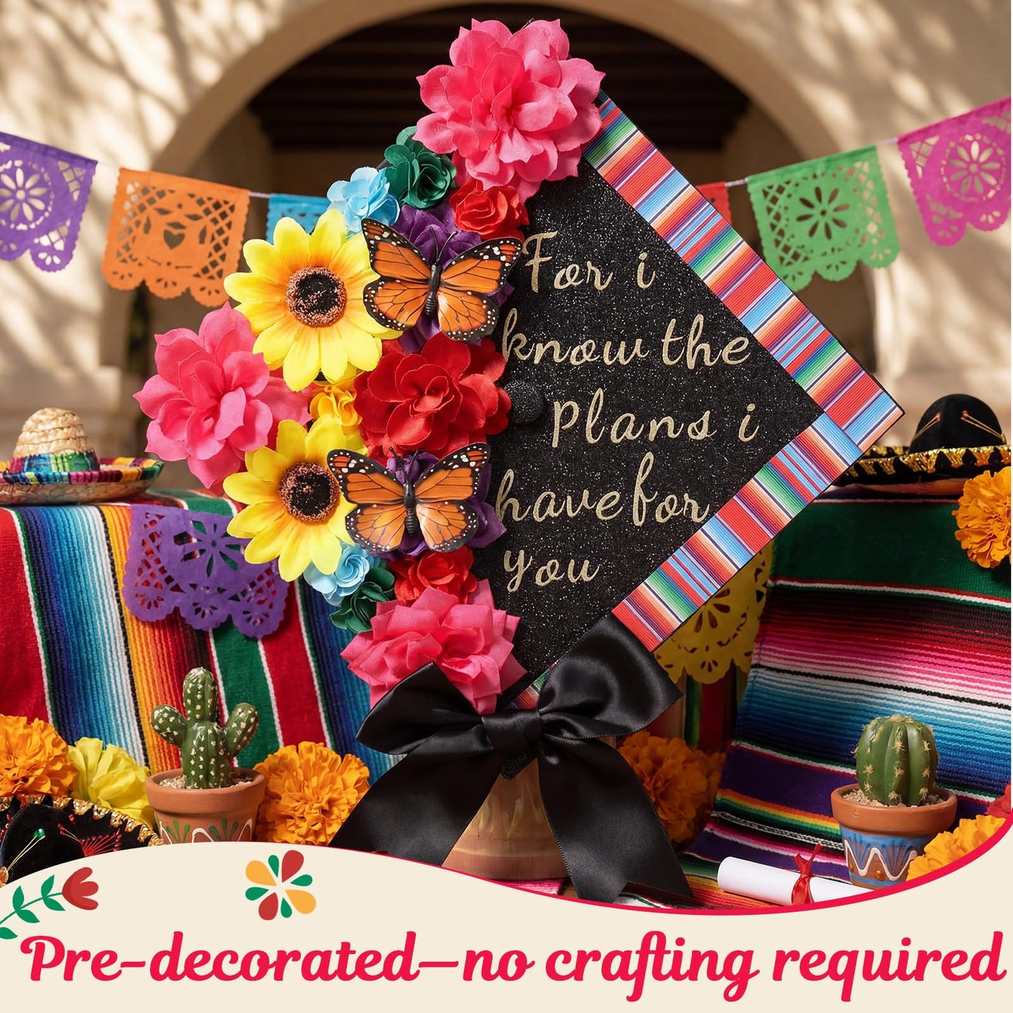Gersoniel Colorful Graduation Cap Decorations Kit with Pre-assembled Faux Flowers Glitter Cardstock Stickers Butterfly Alphabet Decal (Mexican)