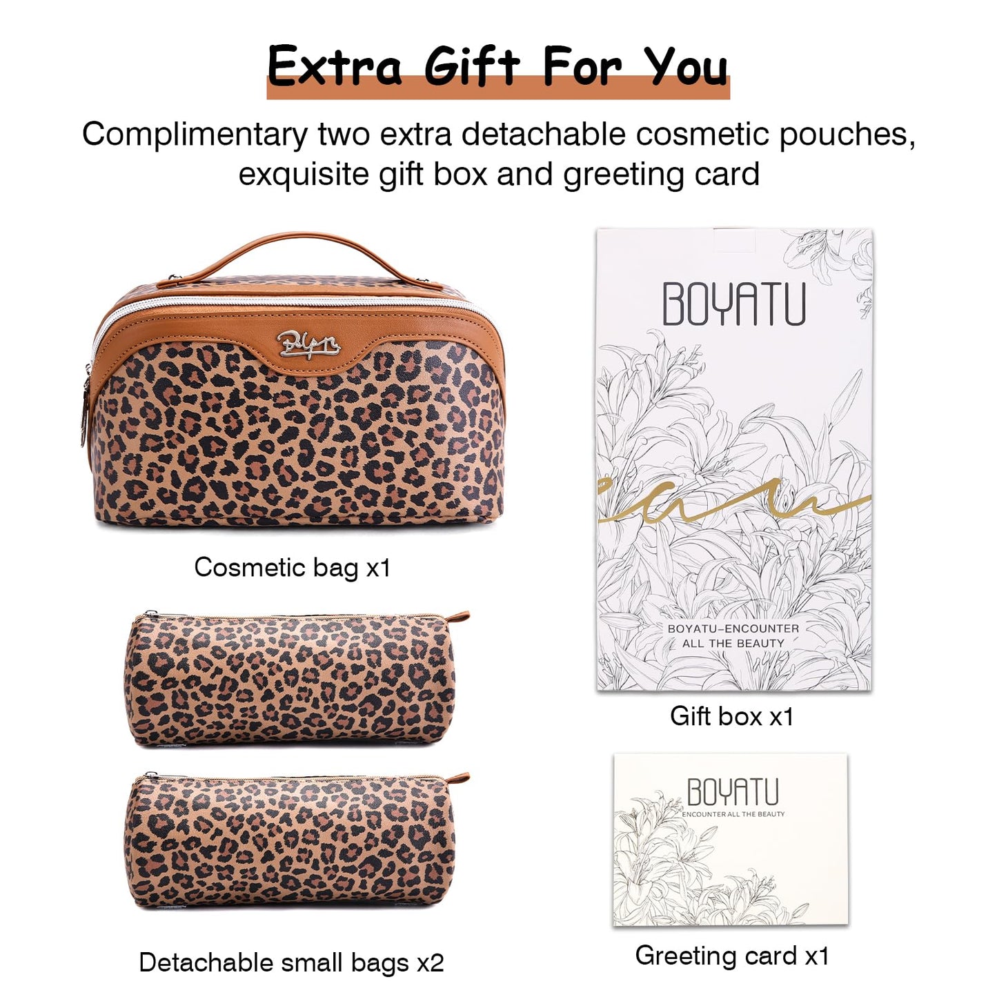 BOYATU Travel Makeup Bag for Women: 3-in-1 Modular Leopard Print Cosmetic Bag Set for 3-15 Day Trips - Waterproof Vegan Leather Toiletry Bag - Perfect for Party/Festival/Night Out - Gift Box - Brown