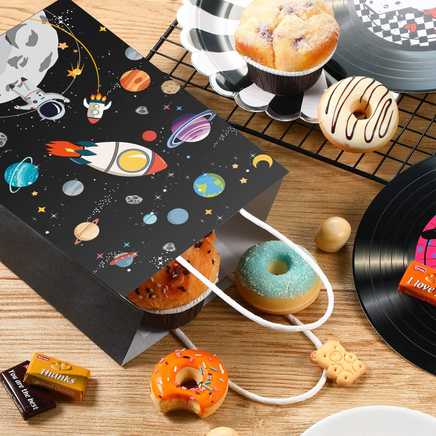 Outus 24 Pcs Outer Space Gift Bags Paper Space Treat Bags with Handles Planet Galaxy Party Favor for Birthday Galaxy Theme Party Supplies