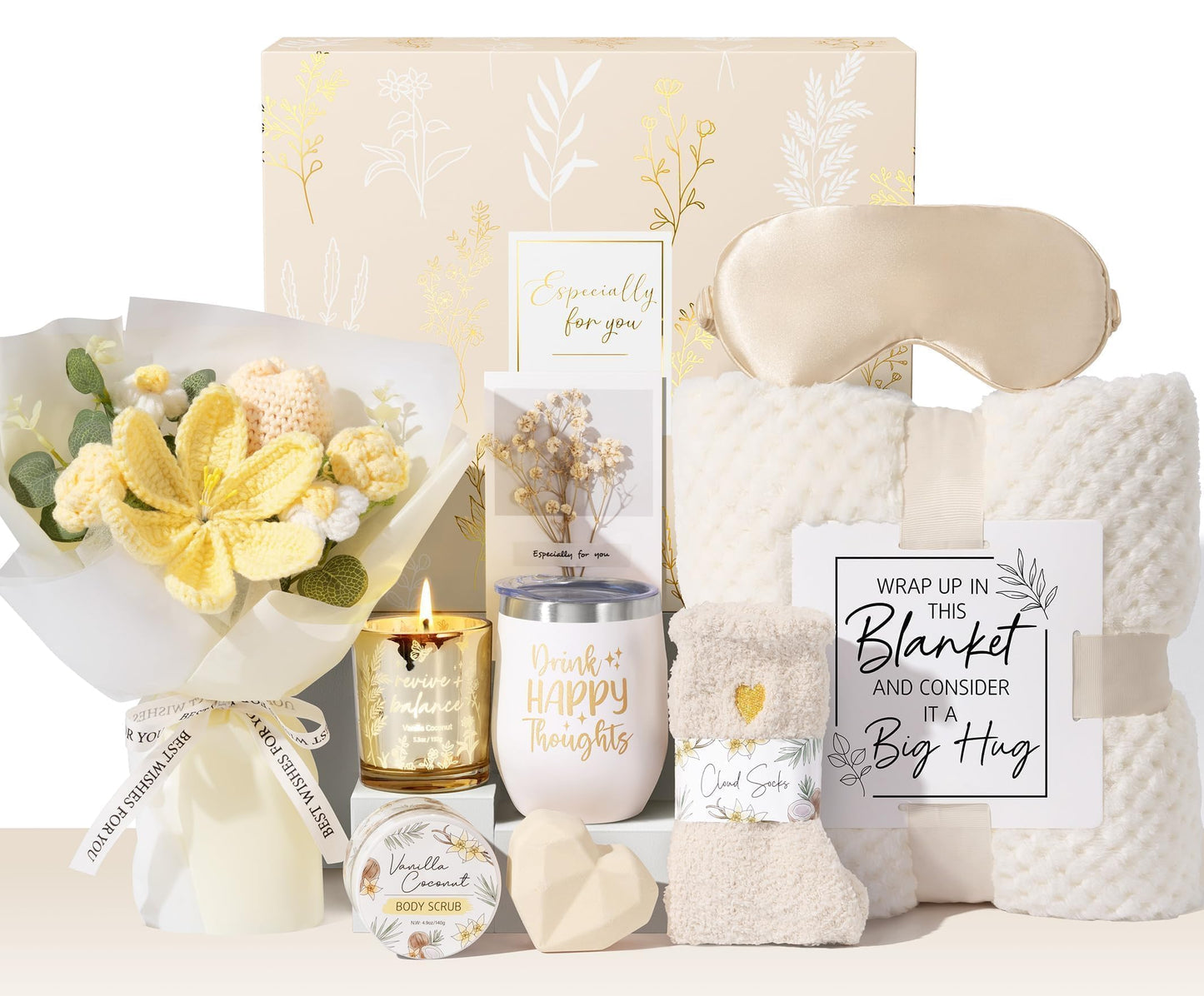 Mothers Day Birthday Gifts for Women Self Care Package Get Well Soon Gift Baskets, Thinking of You Sympathy Spa Gift Set w/ Crochet Flower Bouquet, Unique Gifts for Women Mom Sister Grandma Friends