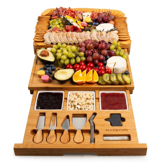 Extra Large 33.7x15.7 inch Charcuterie Boards Gift Set, 100% Bamboo Cheese Board and Knife Set, Cool Meat Cheese Platter Tray, House Warming Gifts New Home, Ideas for Women Mom, Carbonized Bamboo