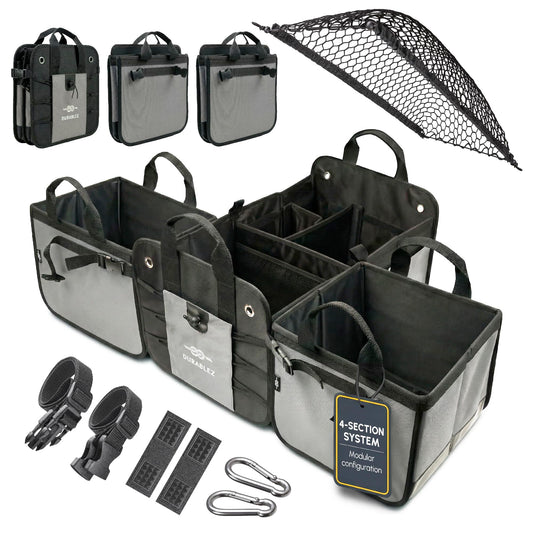 DURABLEZ Modular 4-Section XL Trunk Organizer – Car Storage for Groceries, Tools, Sports Gear, Emergency Kits – Extra Large Multi-Compartment Cargo Box, Collapsible & Heavy Duty – Gray