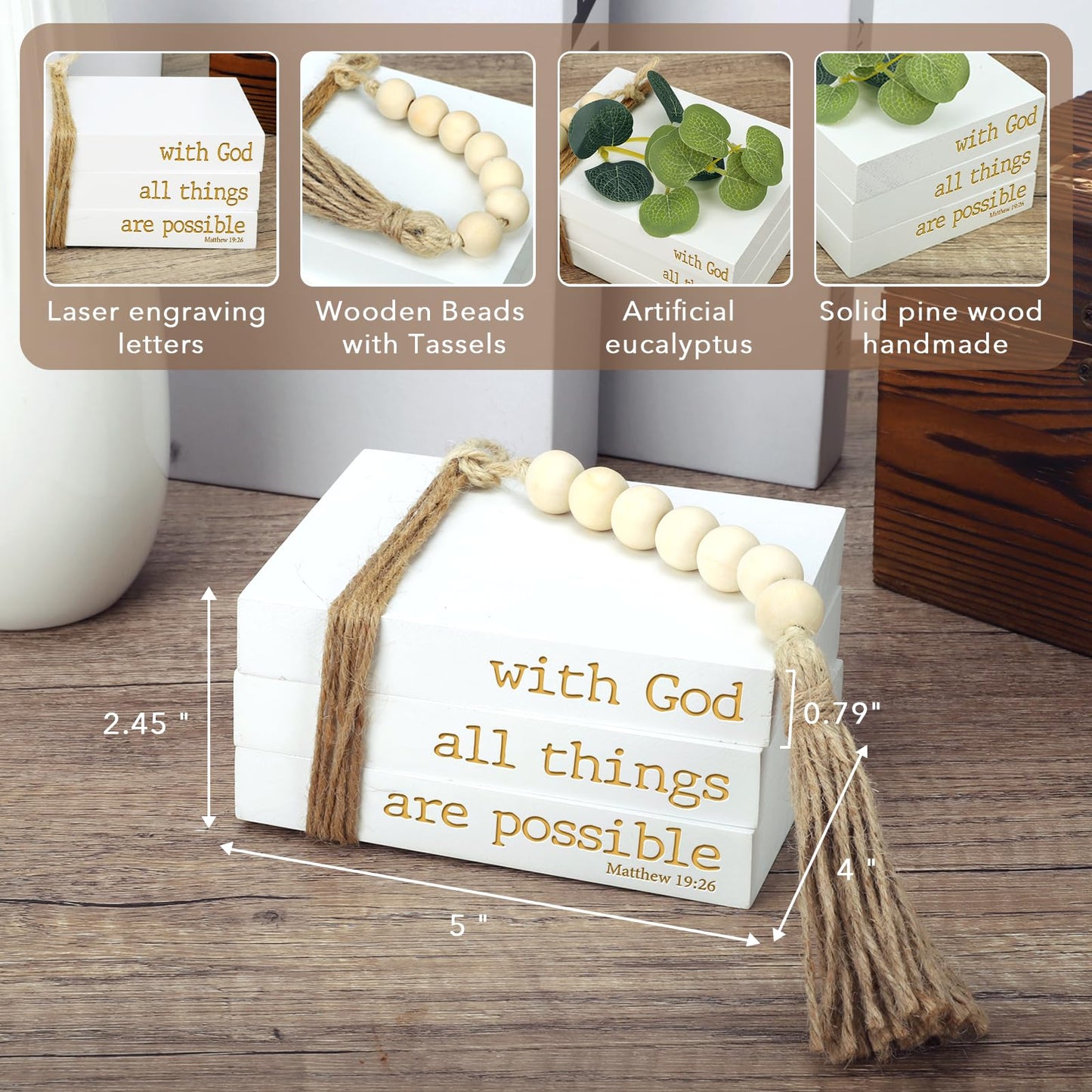 Mini Decorative Coffee Table Books - Set of 3 Faux Books for Decoration, Living Room, Entryway, Bookshelf, Inspirational Christian Gifts