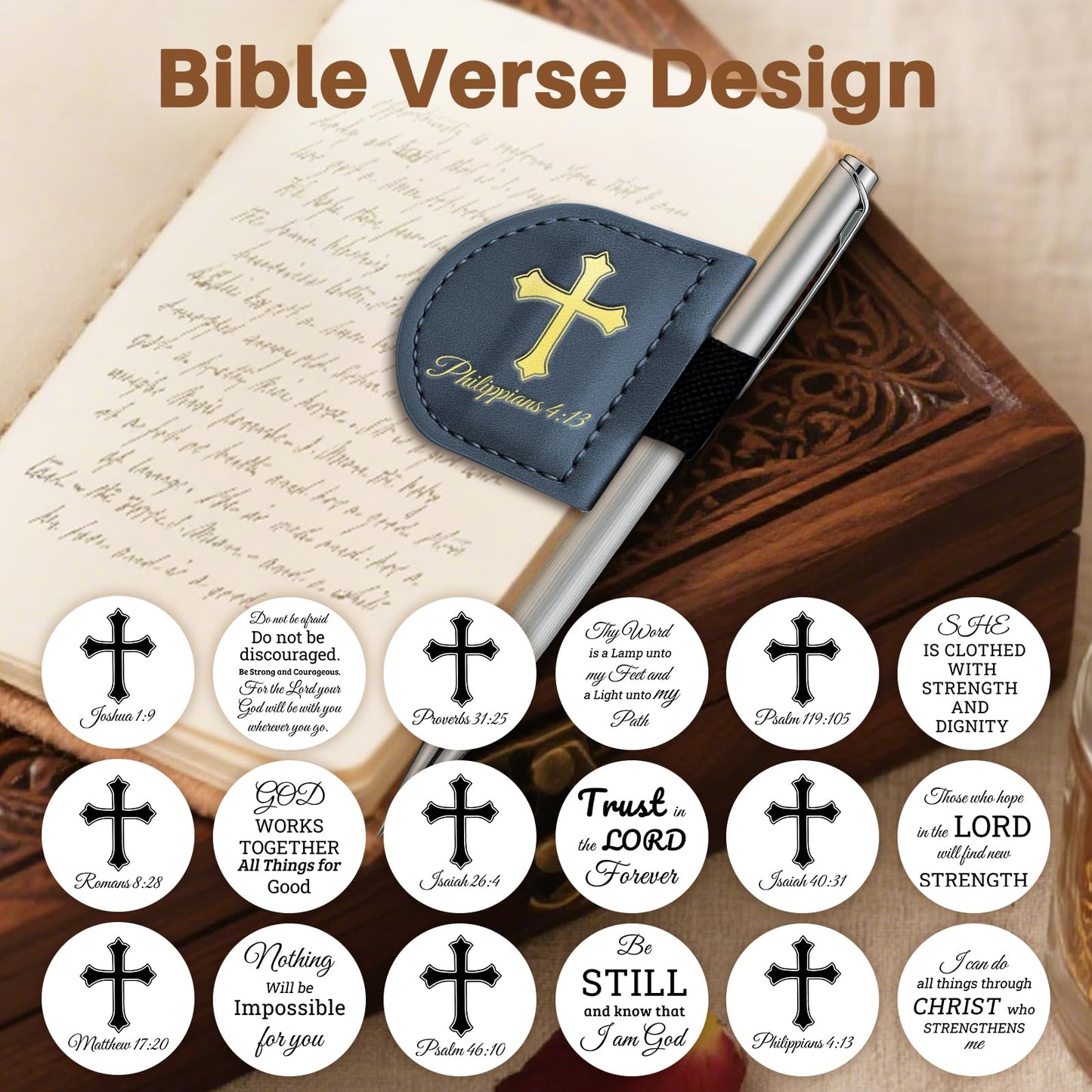 Personalized Magnetic Leather Bookmark with Pen Holder - Bygone Mark Custom Bible Verse Bookmarker,Book Marker for Men & Women,Book Lovers,Readers,Church(Blue,Joshua 1:9)