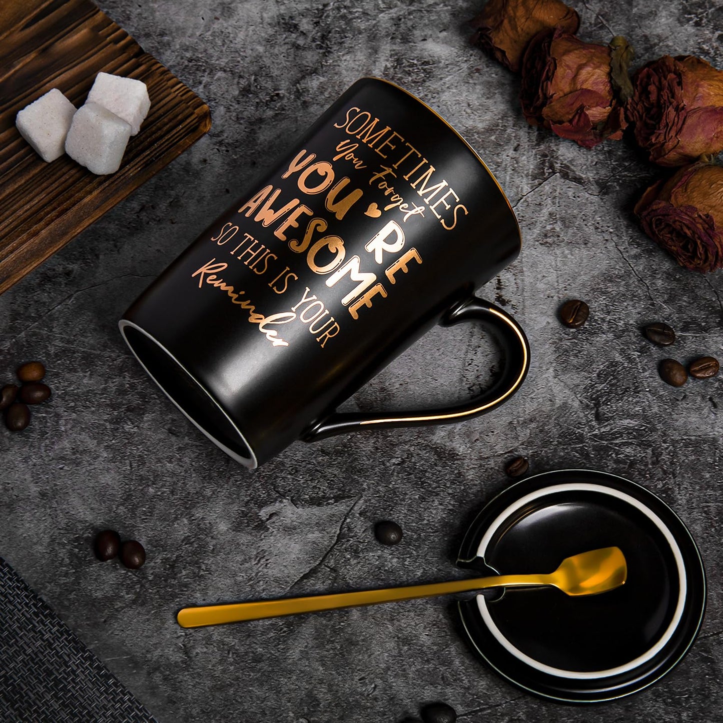 Anniversary Birthday Thank You Gifts for Men, Sometimes You Forget You're Awesome - 14oz Unique Black Ceramic Inspirational Mug with Gold Print, Funny Valentines Day Presents for Boyfriend Husband Him