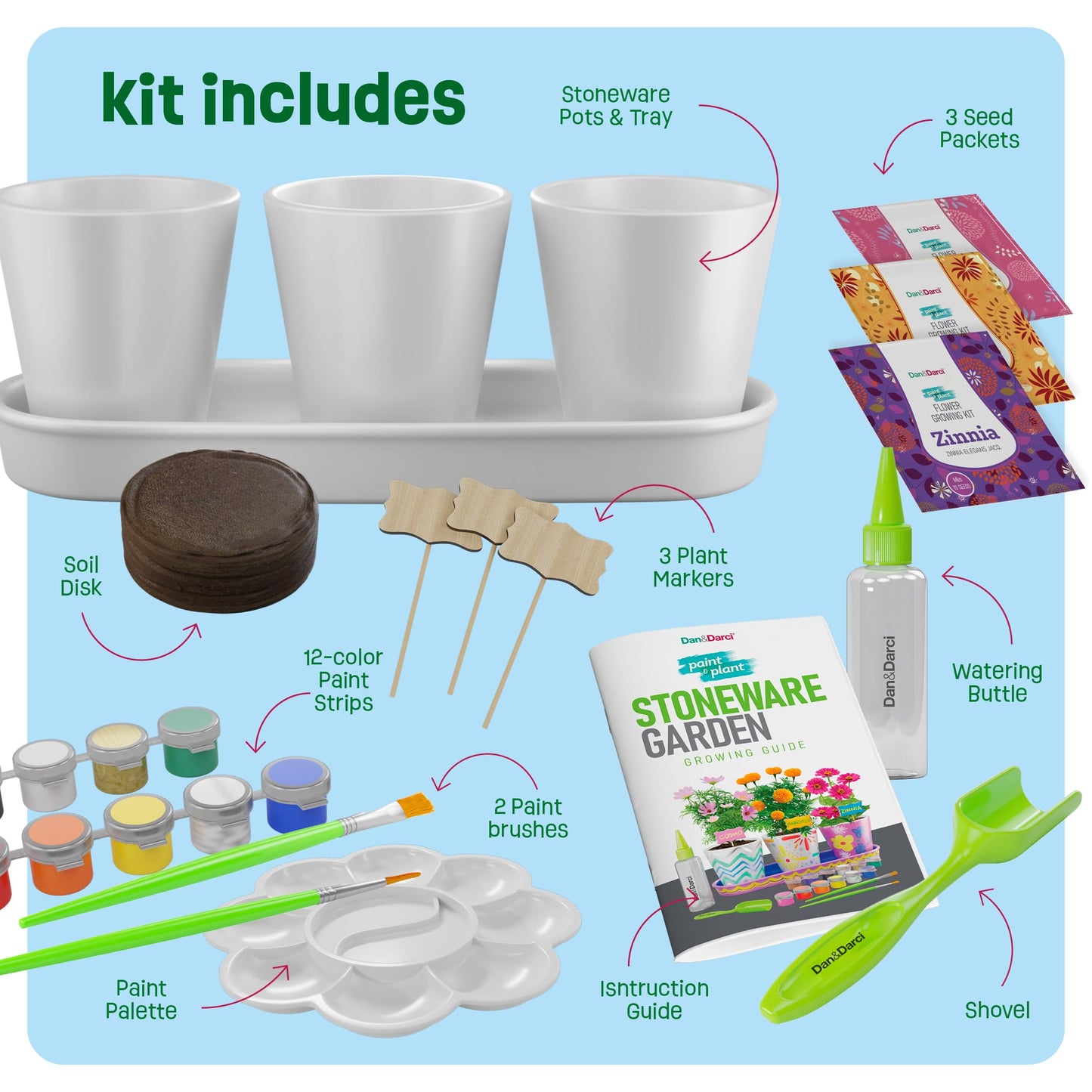 Dan&Darci Paint & Plant Stoneware Flower Gardening Kit - Gifts for Girls & Boys Ages 6-12 - Kids Arts & Crafts Project Birthday Gift, STEM Activity for Age 6, 7, 8, 9, 10, 11 & 12 Year Old Girl
