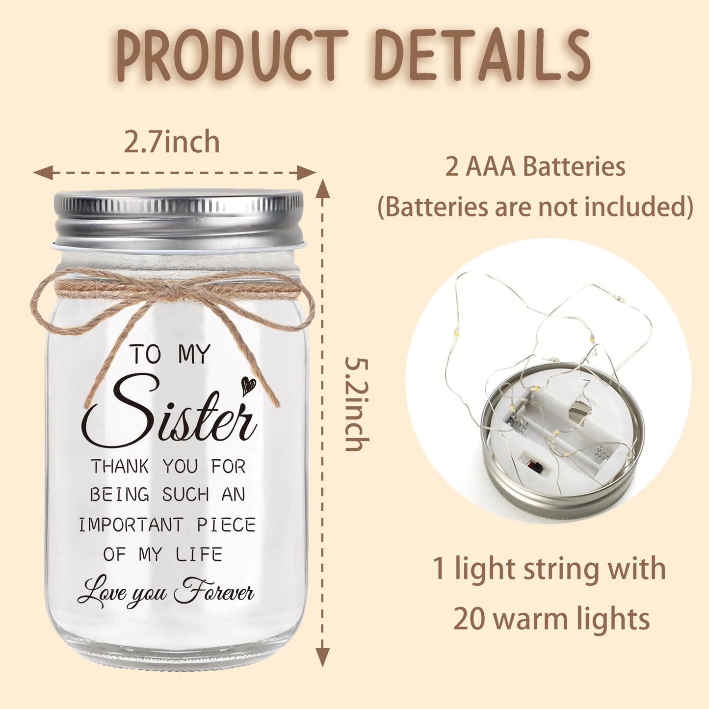 YOISTREVISK Sister Gifts - Mason Jar Night Lights with Warm Lights for Sisters, Unique Mothers Day Gifts for Sister Gift Ideas for Birthday Christmas Valentines Day, Heartfelt Home Decor Gift
