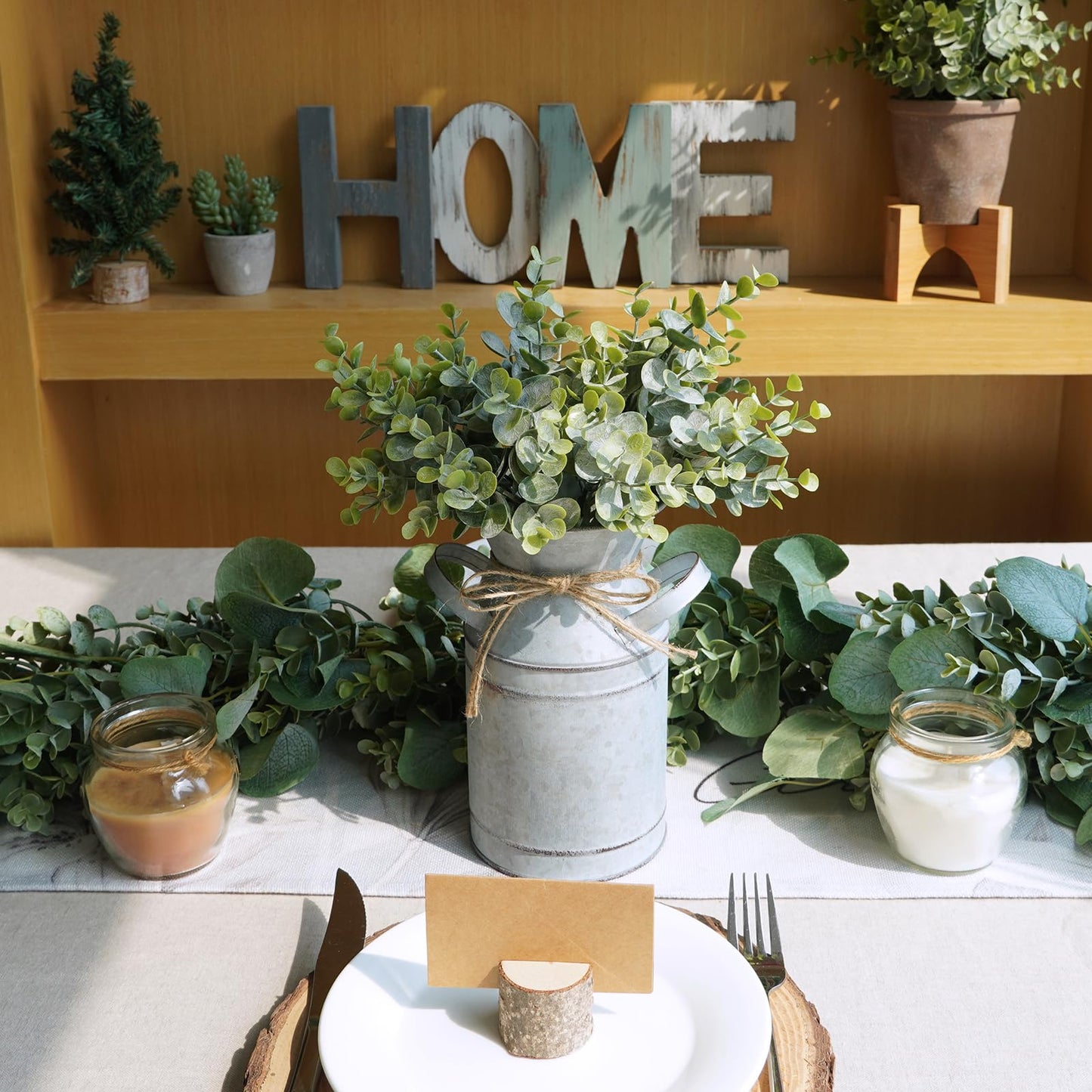 Winlyn Farmhouse Galvanized Metal Milk Can with Artificial Eucalyptus Greenery Arrangement Fake Plants Farmhouse Centerpieces 11.8" Tall for Rustic Country Wedding Home Table Tiered Tray Shelf Décor