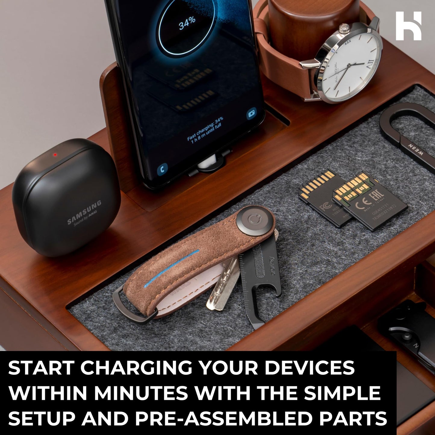 Holme & Hadfield Premium Wooden Phone Docking Station with Drawer – Nightstand Organizer for Charging Phone & Earbuds – Declutter Your Space with Felt-Lined Protection & Watch Pillar - Gift For Men