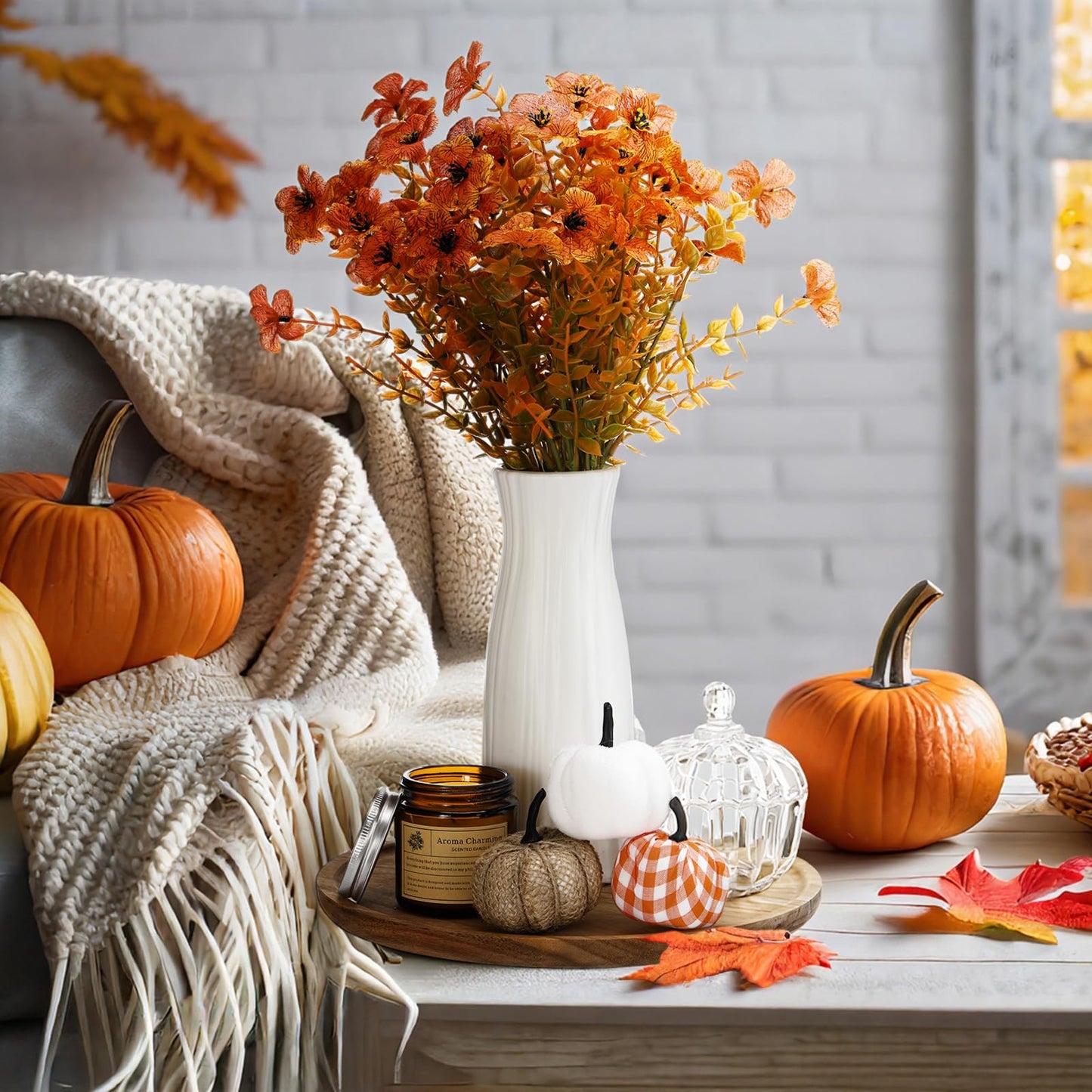 Pinkunn 10 Pcs Fall Wooden Decorative Tray Set with Round Wood Tray Scented Candles Burlap Faux Pumpkin Glass Pumpkin Sugar Bowl Artificial Fake Flowers Vase Autumn Decor Set for Thanksgiving Home