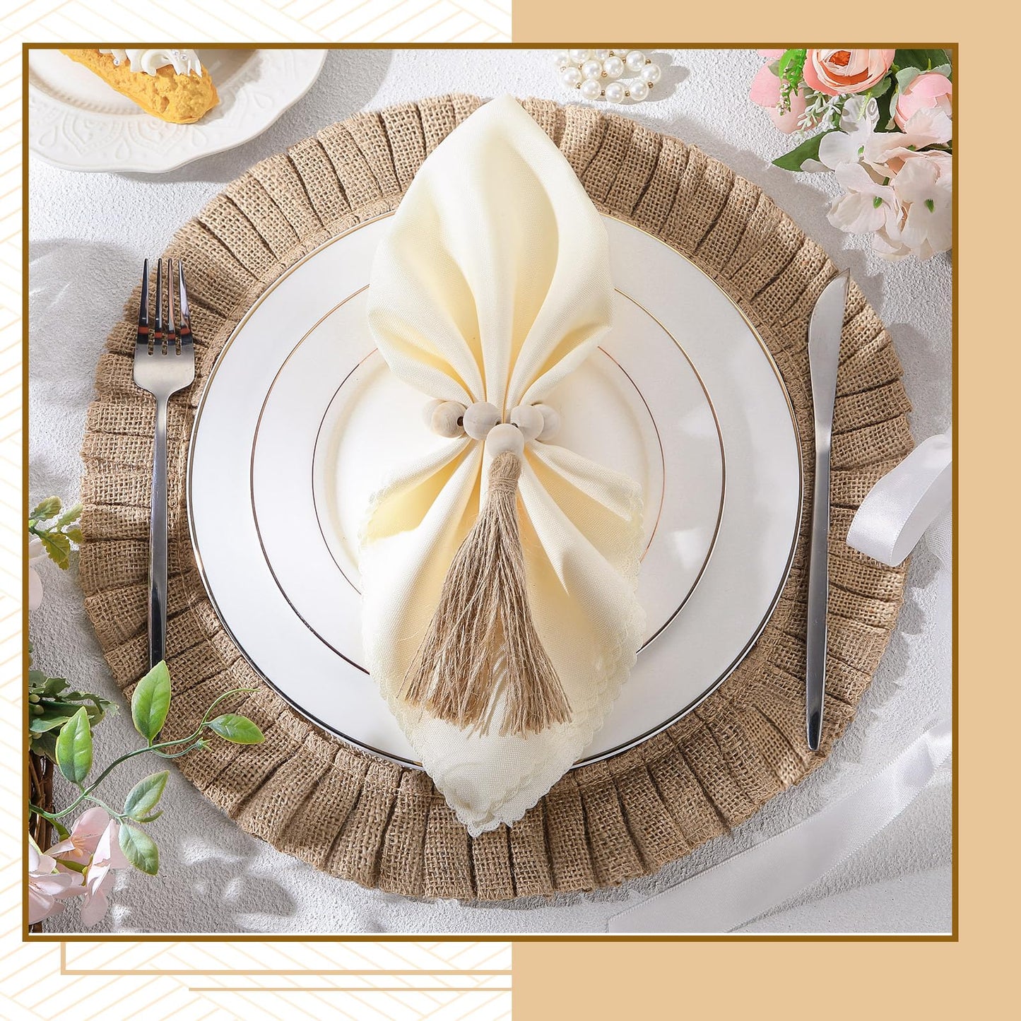 Gejoy Round Burlap Placemats Wood Bead Napkin Rings with Dinner Napkins Cloth, Jute Heat Resistant Placemats Boho Wooden Rings for Plates Wedding Dining Table(36 Pcs)