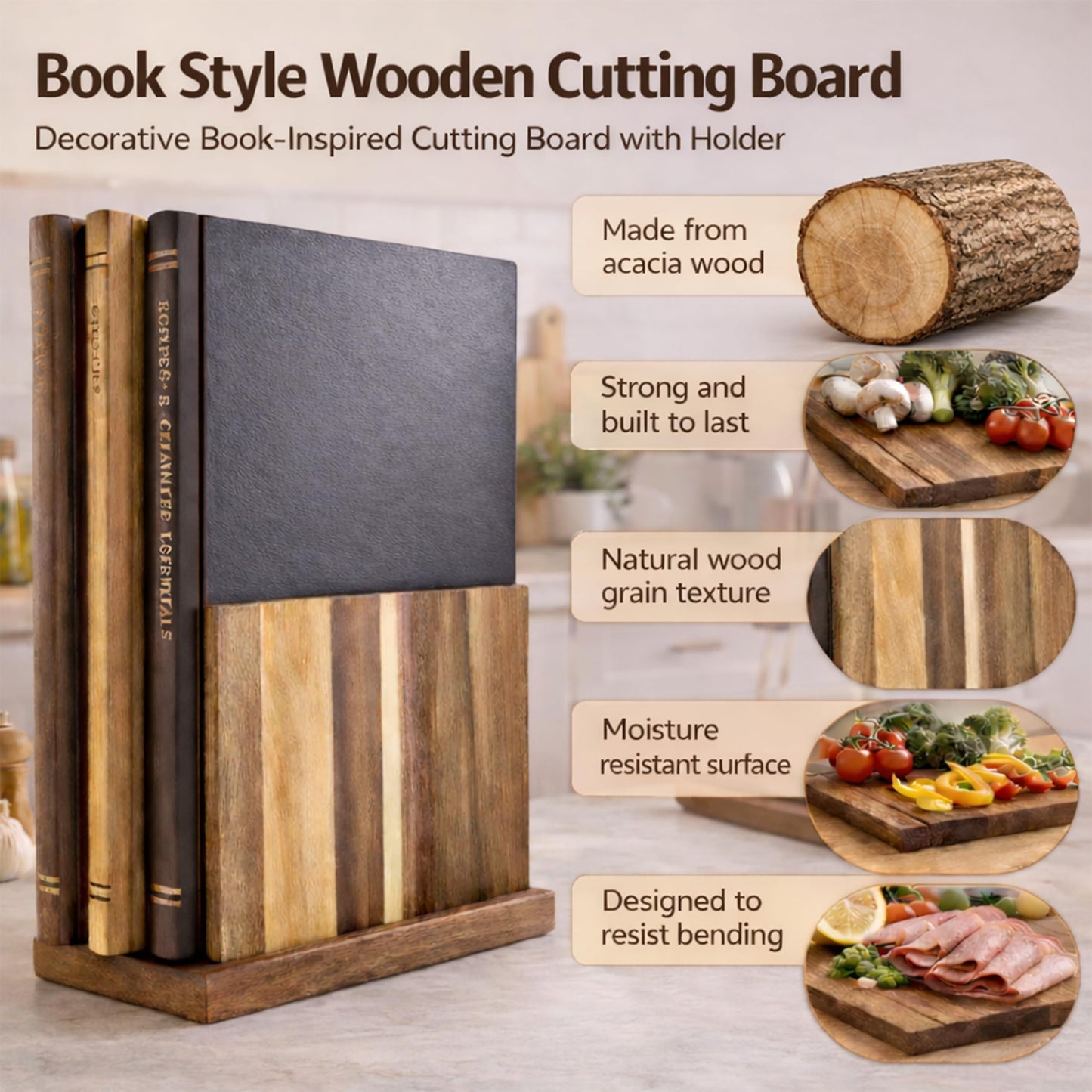 FUSAHURIY Australia Acacia Wood Book-Style Cutting Boards with Stand, Set of 3 Kitchen Boards for Hands-Free Recipe Viewing, First-Time Cooking, Breakfast Prep, Family Cooking and Housewarming Gift