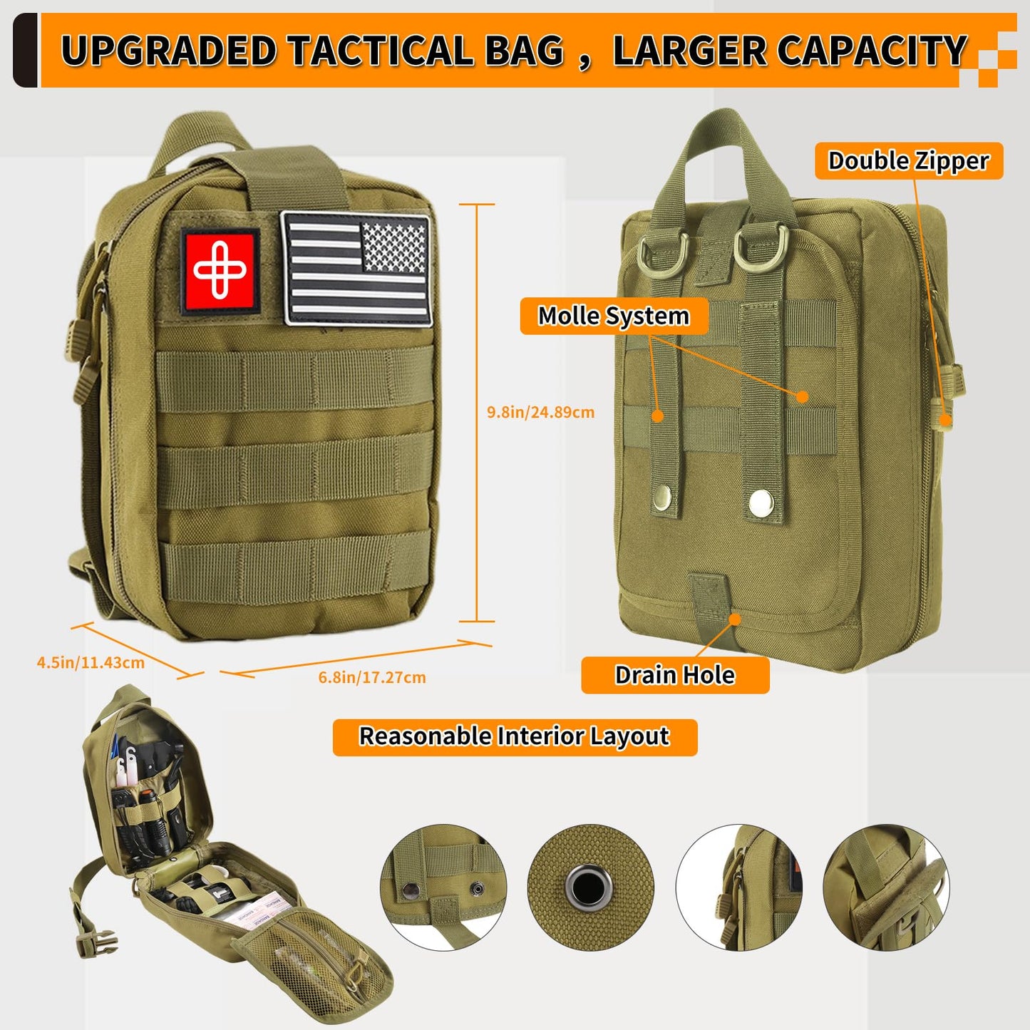 Survival Kit, Gifts for Men Women Teen Boys, Includes 252pcs Survival Gear Mini First Aid Kit for Car, Large Capacity Emergency Kit with Molle System for Earthquake, Outdoor Adventure, Travel(Green)