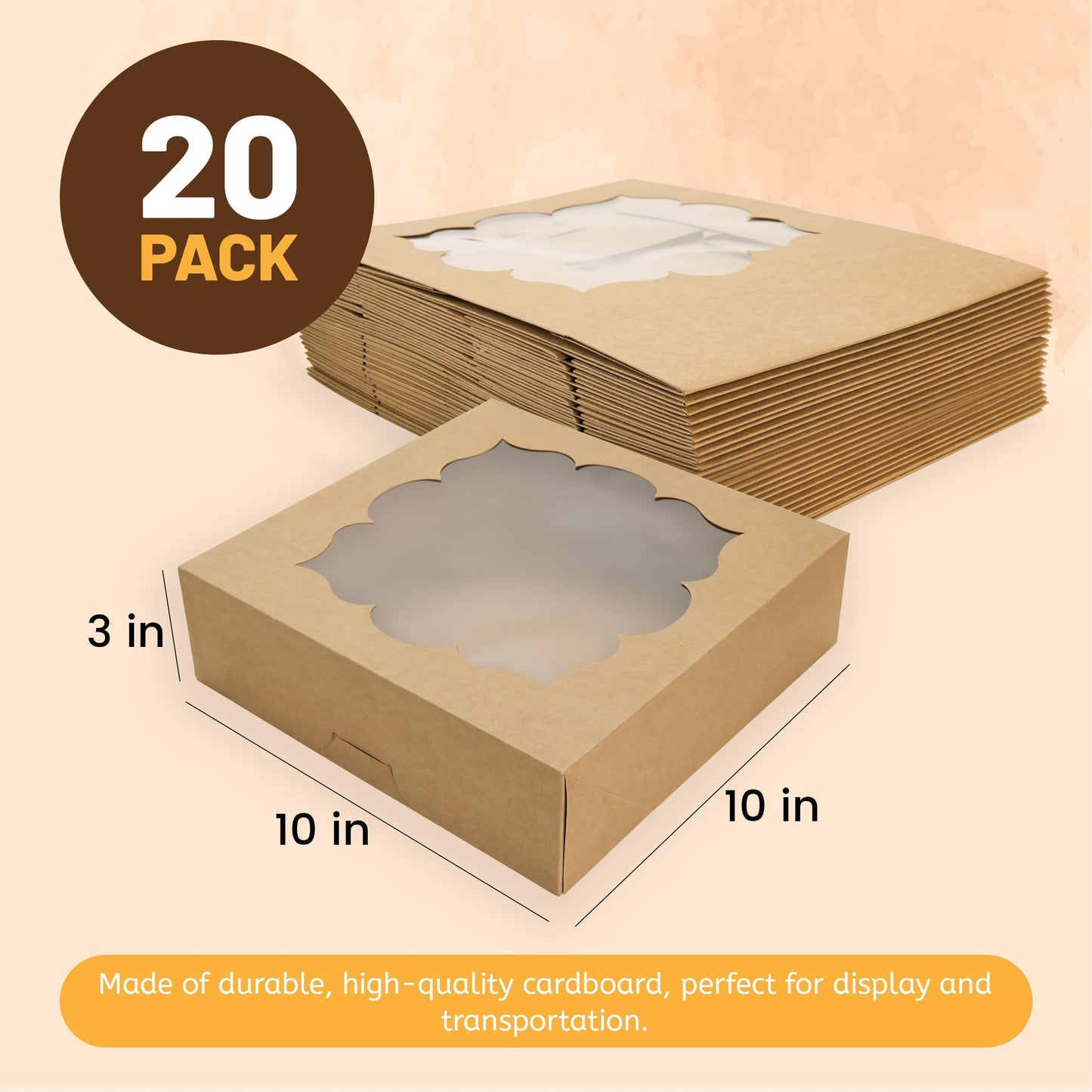 NPLUX 20 Pack Pie Boxes 10x10x3inch Bakery Boxes with Window Dessert Pastry Boxes Pie Boxes 10 inch for Pies Cheesecake and Chocolate Covered Strawberries,Mothers Day Party Favors(Brown)
