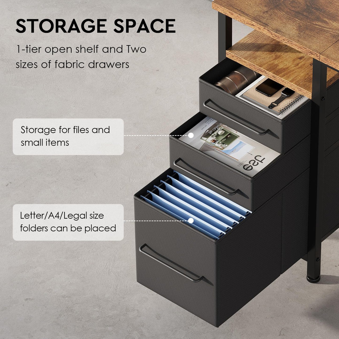 Ｍａｉｈａｉｌ Maihail Small Desk with Drawers, 40 inch Computer Desk with Shelves, Writing Desk with Storage, Small Office Desk with Metal Frame, Rustic Brown
