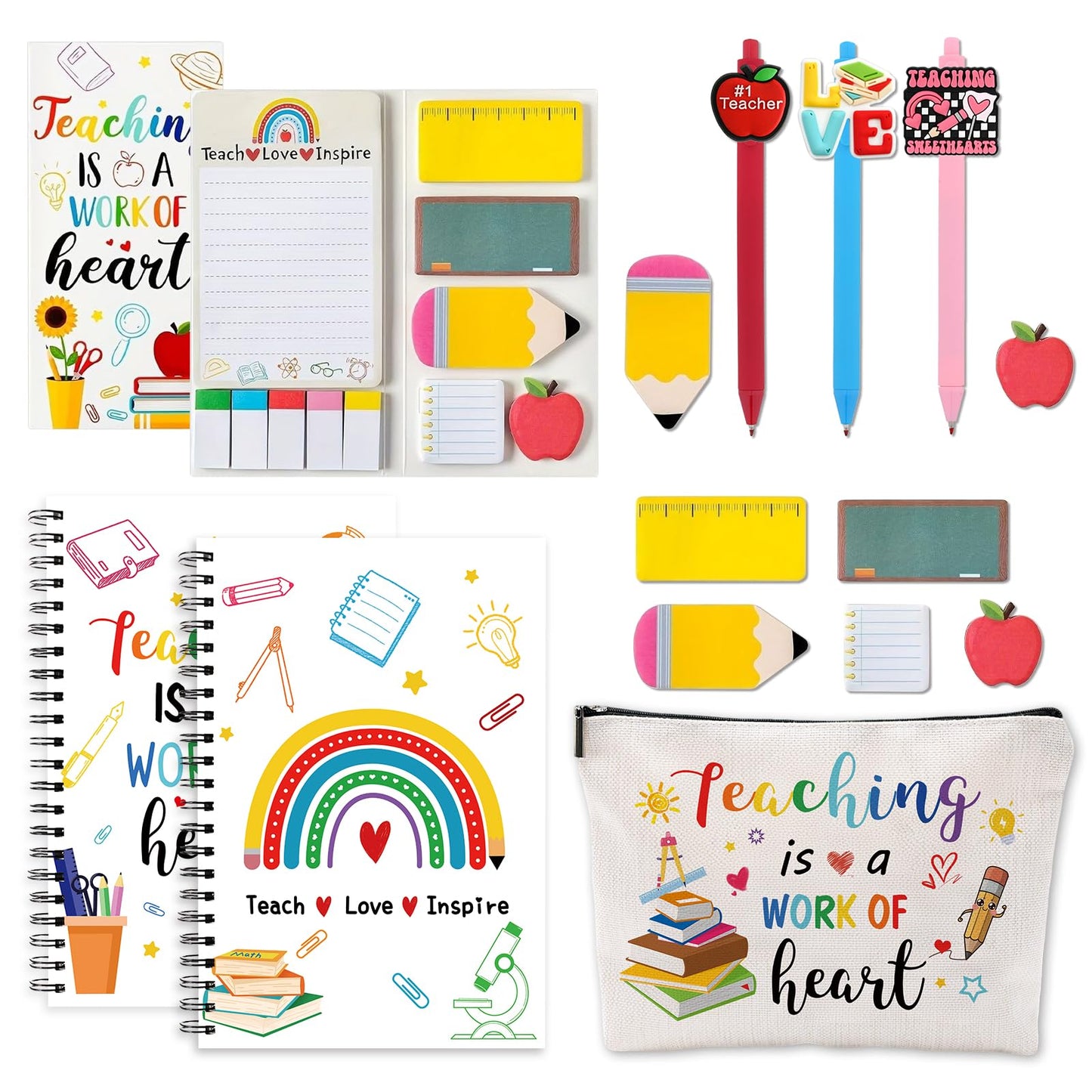 6 Pcs Teacher Appreciation Gifts Pens Sticky Notes A5 Spiral Notebooks Makeup Bag Pencil Pouch, Teacher Appreciation Day Gifts, Christmas Birthday Gifts School & Office Supplies for Teacher (Teacher)