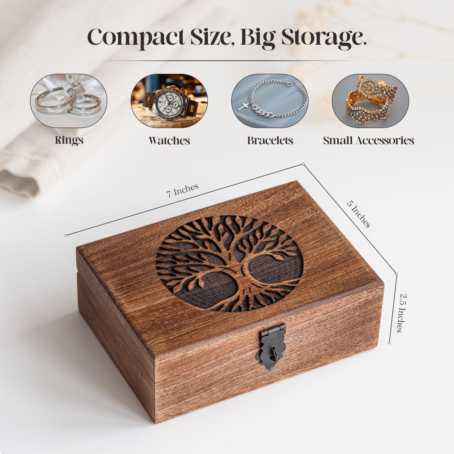 inanosa Handmade Mango Wood Tree of Life Jewelry Box, 7x5 inch Hand Carved Keepsake Box & Organizer, Unique Gift for Men & Women (Classic Tree of Life)