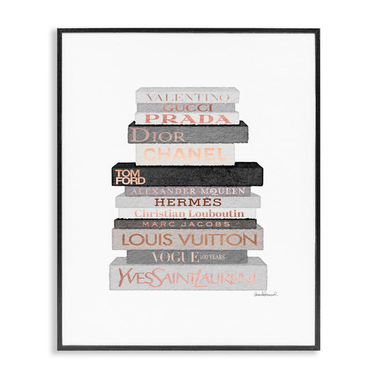 Stupell Industries USA Artist Amanda Greenwood - 'Grey & Peach Bookstack', Framed Giclee Art, Black, 16 x 20inches - Hanging Wall Décor (1.5in Depth) - Made in Rhode Island