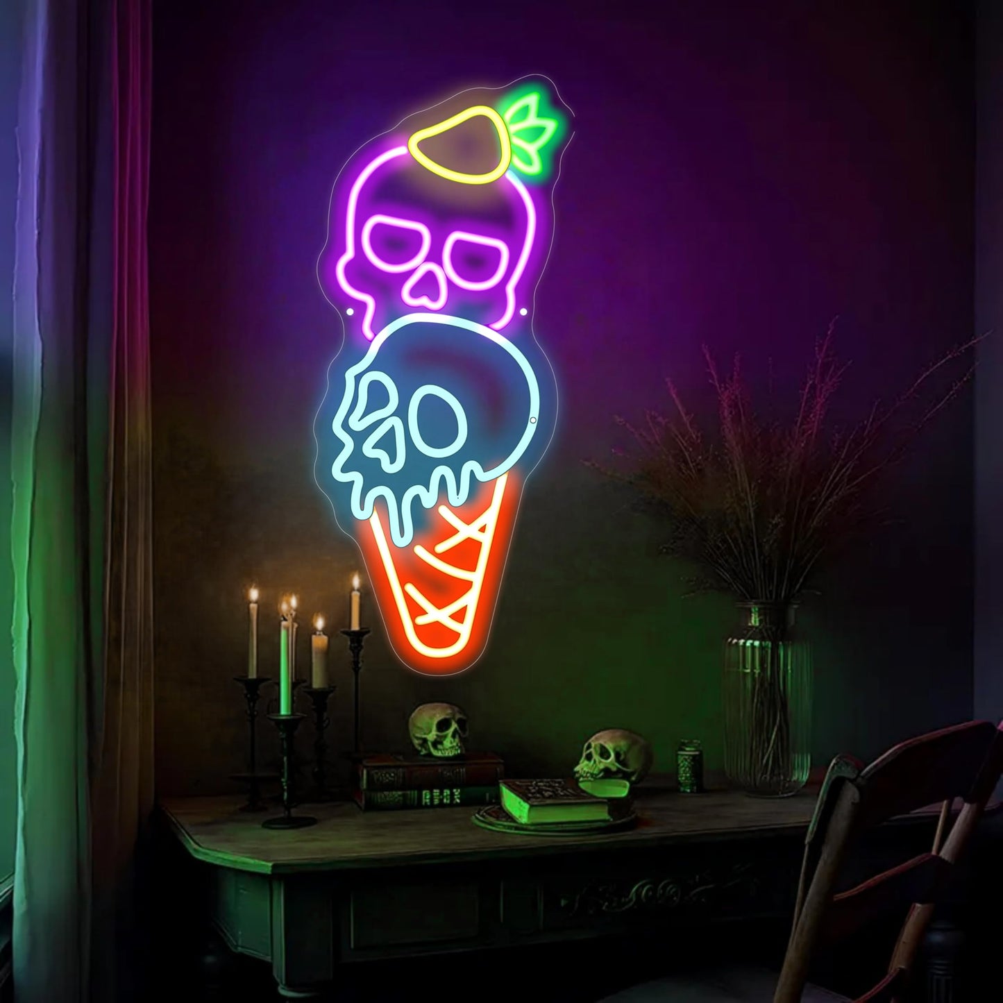 Ice Cream Skull Neon Sign, Quirky Gothic LED Wall Art,Skull Neon Light Ice Cream Neon Lighht Valentines Day Gifts Playful romance decor, Valentine's gift idea, Valentine's Day Gift for we