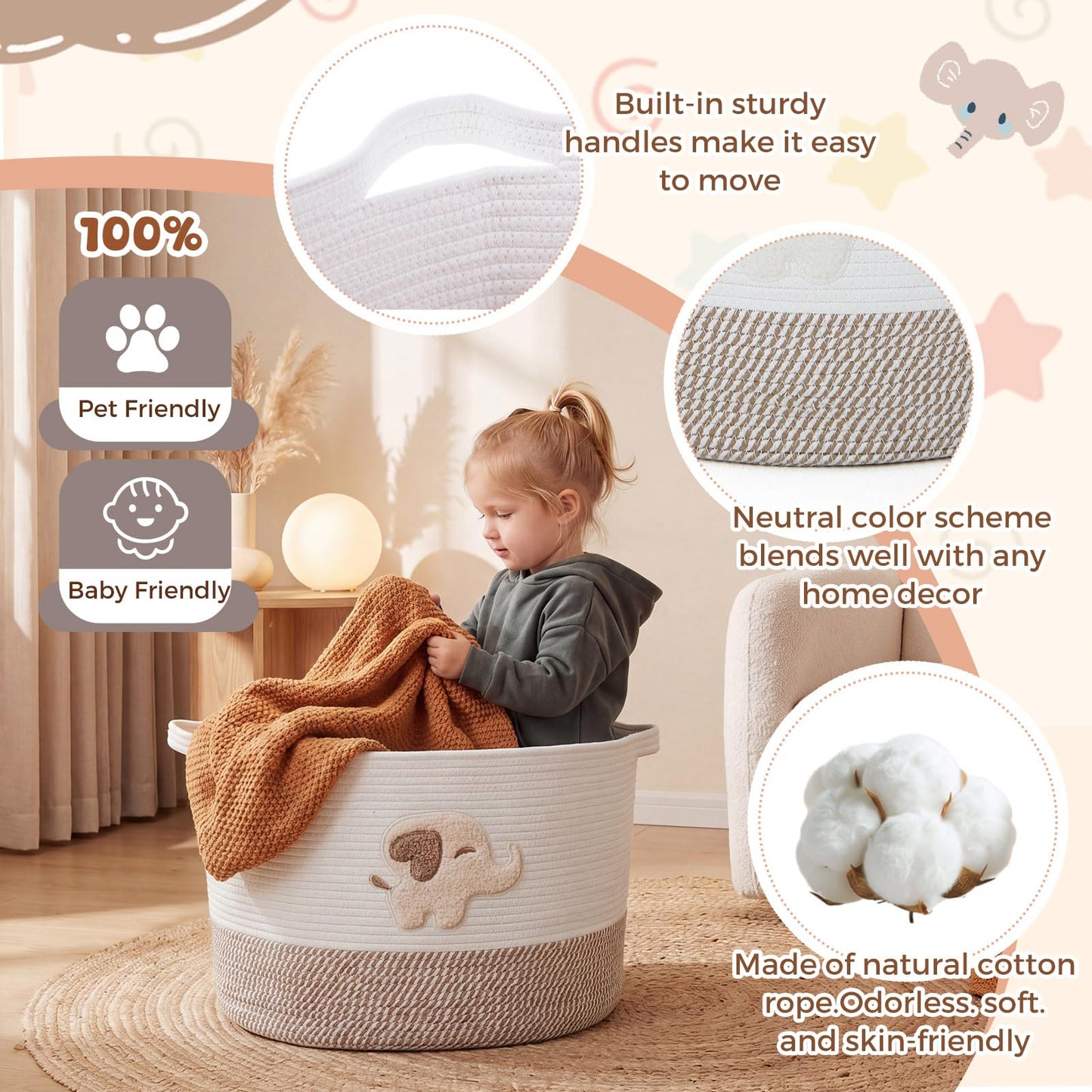 LemonRoad Extra Large Basket 20"x14", Woven Baby Laundry Blanket Basket Toy Box with Handle Storage, Blanket Storage for Living Room Nursery Pillows Chest(Cotton Rope,Elephant,Brown)