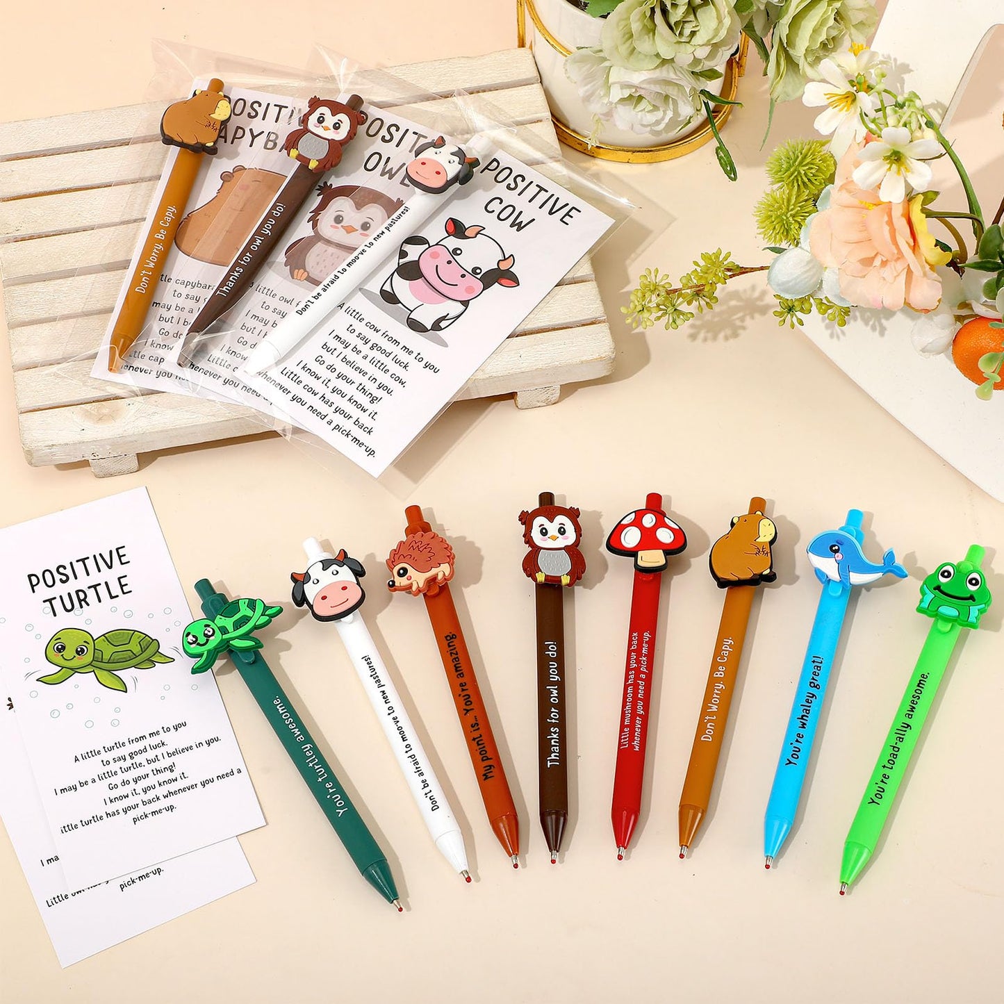 Landical 32 Set Positive Animal Pens Graduation Gift Bulk Cute Funny Pen with Inspirational Card Employee Appreciation Gift for Office Coworker Staff Teacher Student Classroom Teacher Nurse