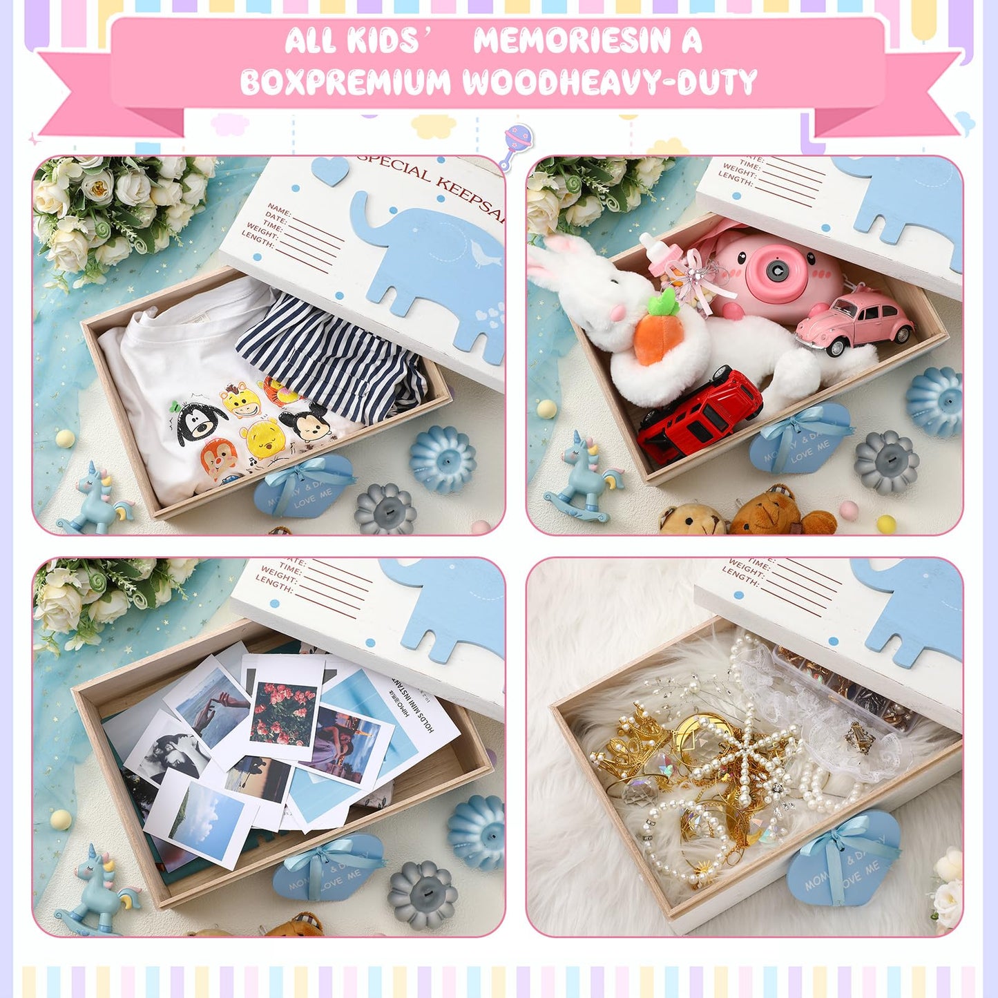 Soaoo 3D Wooden Baby Boys Memories Keepsake Box Baby Girls Elephant First Keepsake Box New Parent Newborn Baptismal Birthday Gift for Mementos 11.81'' x 7.87'' x 3.94''(Blue)