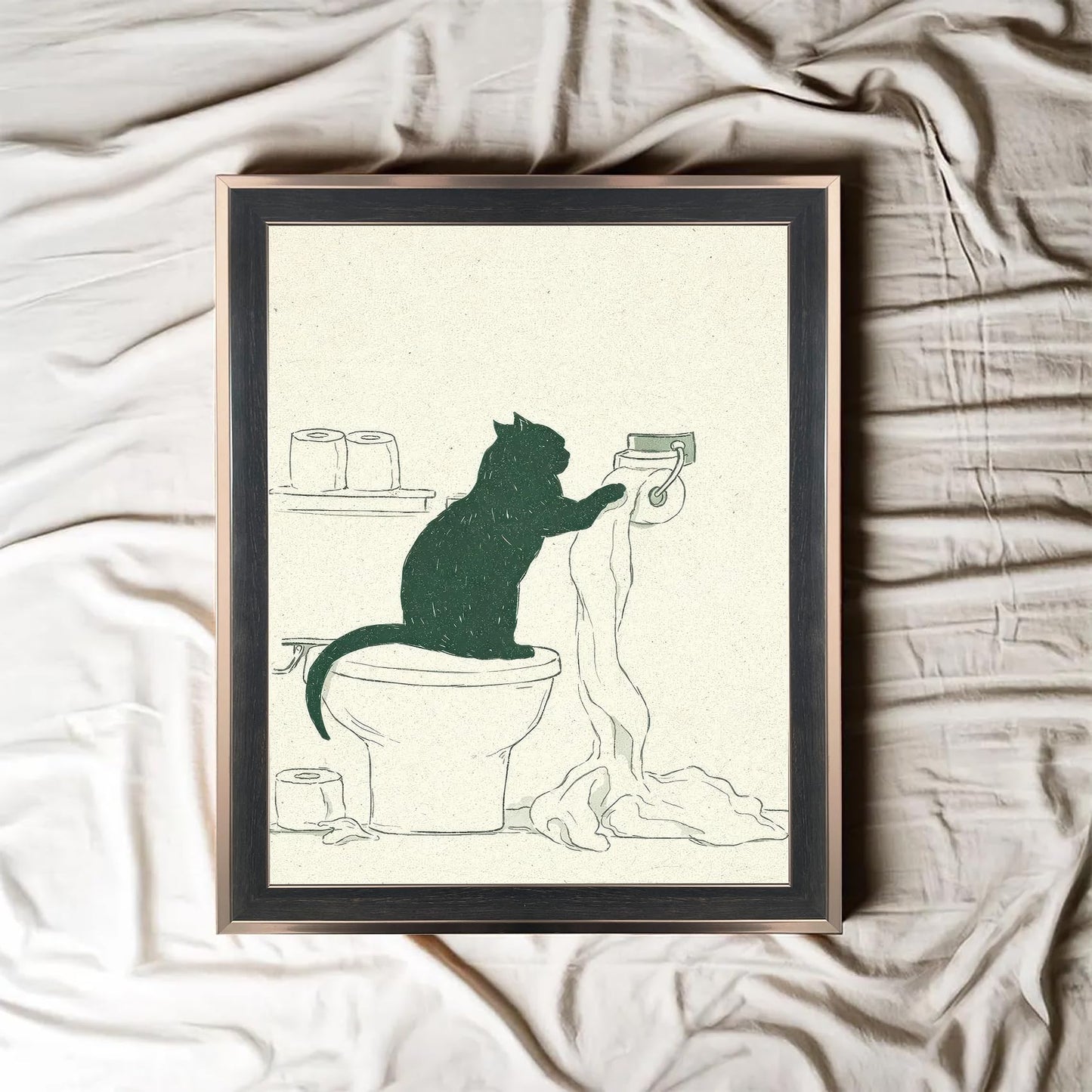 Framed Funny Cat Bathroom Wall Art Minimal Black Cat Toilet Paper Sketch Line Drawing Canvas Print Humorous Decor for Bathroom Guest Toilet Ready to Hang 12inx16in