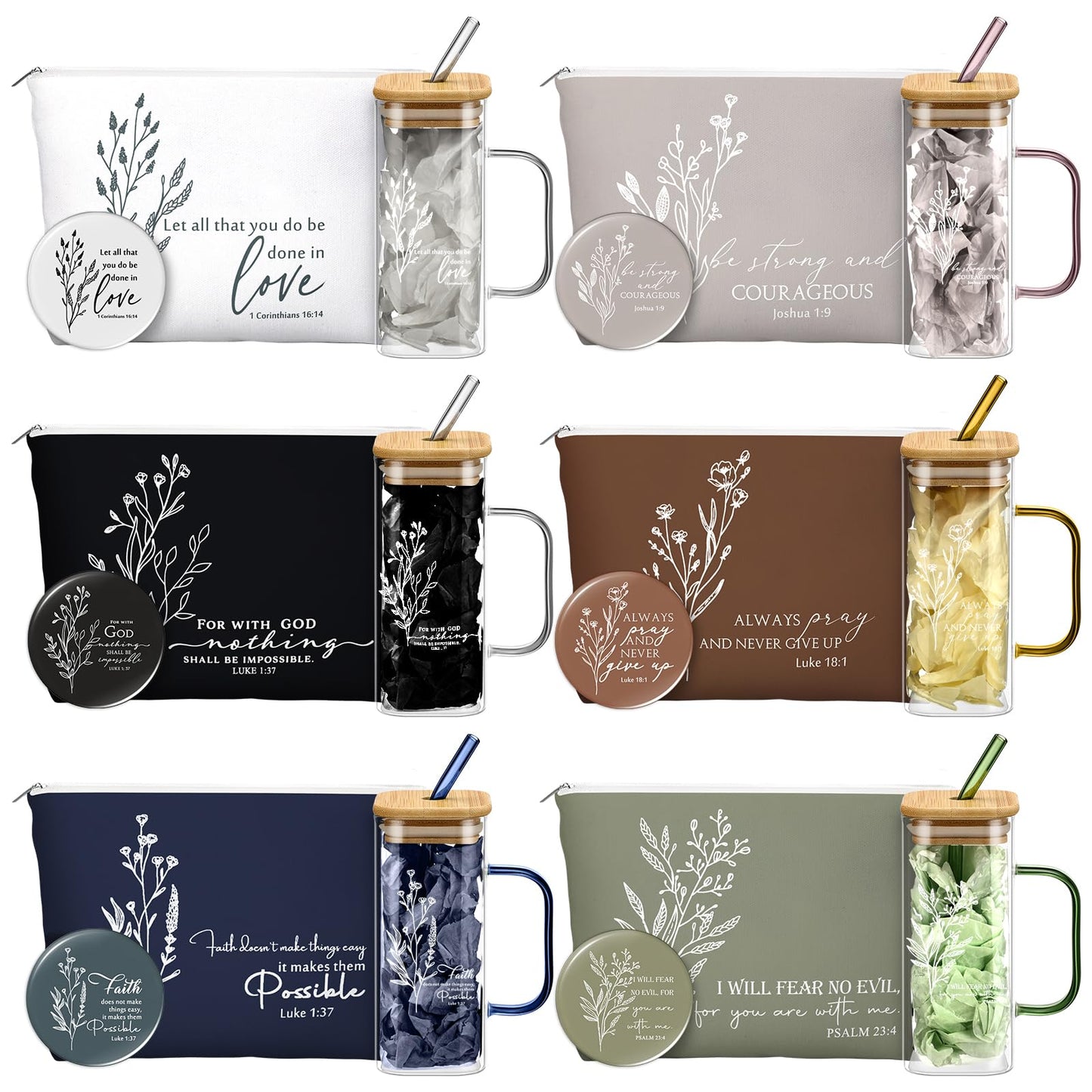 Fumete 6 Sets Christian Appreciation Gift for Women Bible Verse Flower Makeup Bag Gifts Religious Coffee Cup with Handle Bamboo Lid Straw Mini Compact Mirrors for Mothers Day Church Coworker