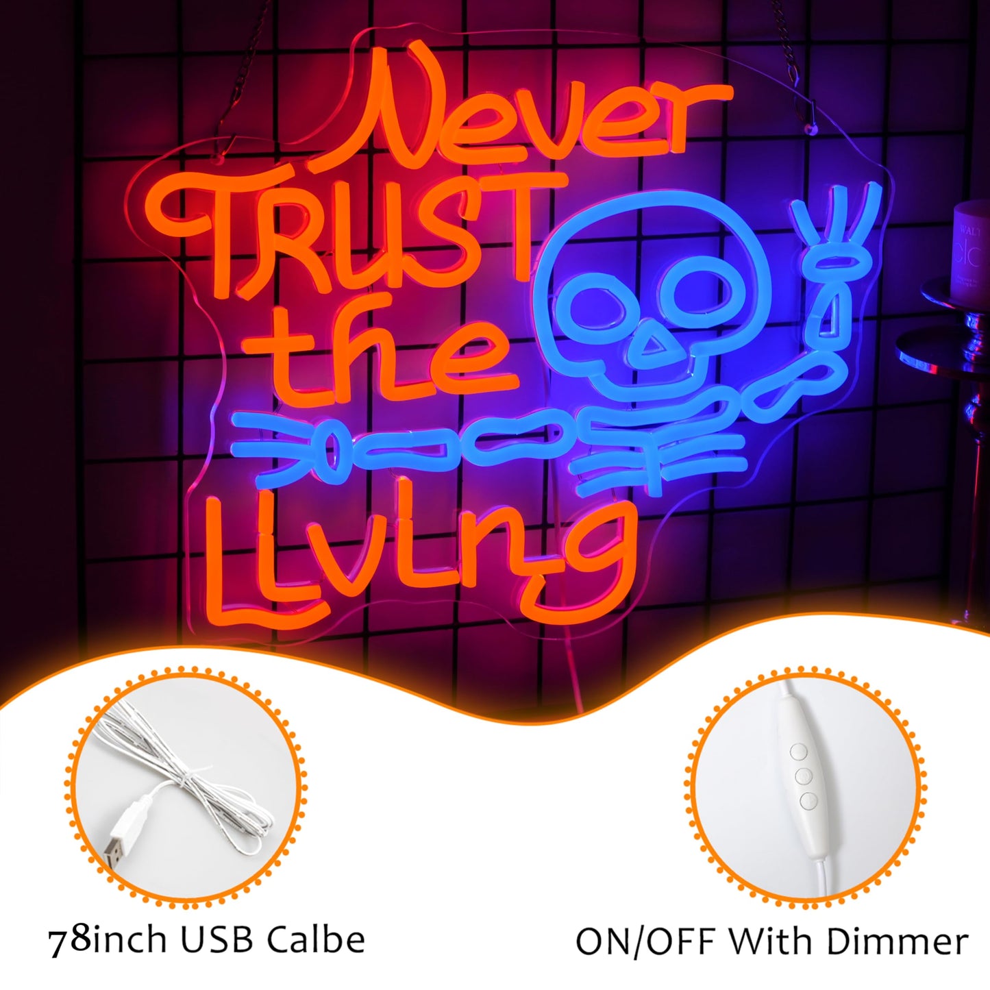 LISIGNVE Never Trust The Living Neon Sign Halloween Led Neon Light for wall Decor Skeleton Light Up Sign for Halloween Party Spooky Home Chamber of Secrets Horror Theme