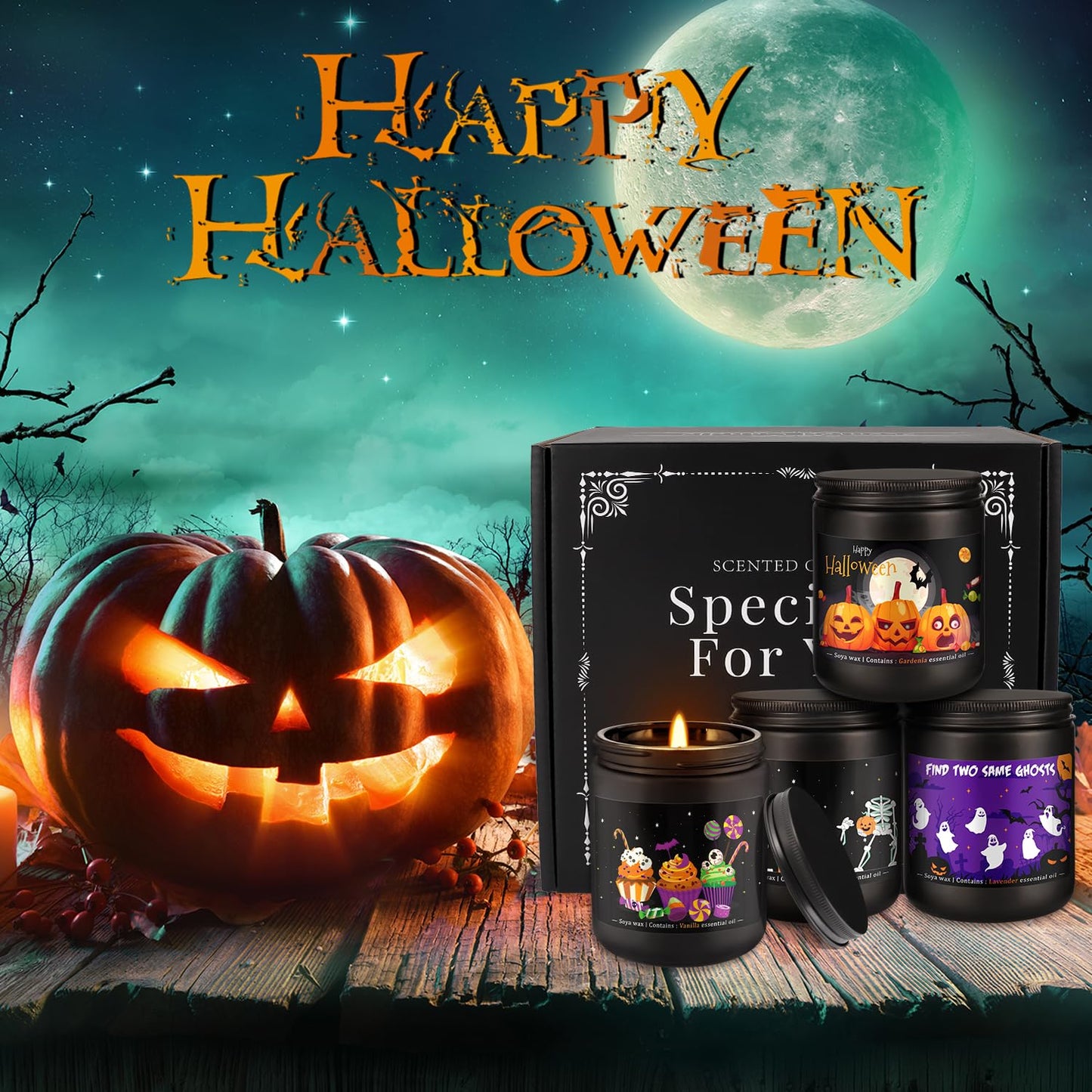 Wfmolcand Halloween Scented Candles Set, 4 Pack (7oz Each) Soy Wax Candles with Pumpkin, Ghost, Skeleton Designs, Perfect for Halloween Decor, Gifts and Aromatherapy.