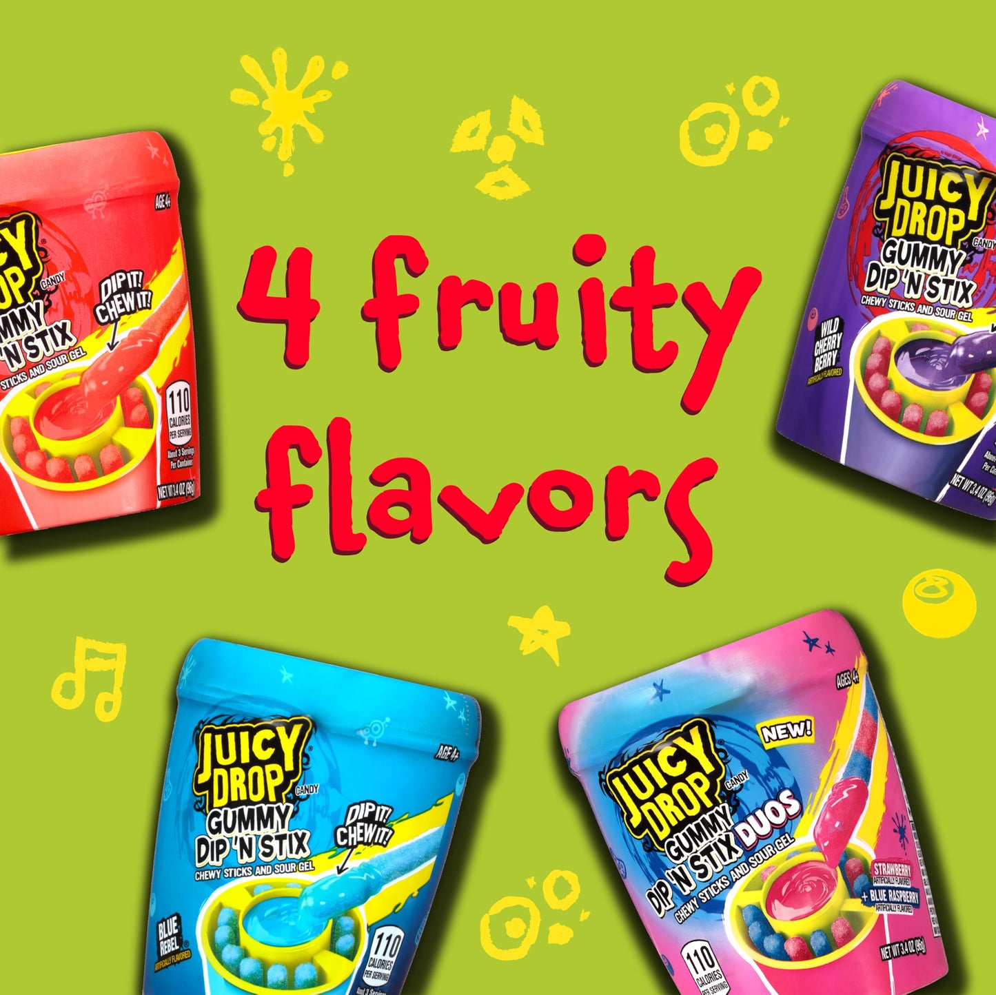 Juicy Drop Gummy Dip 'N Stix - 8 Ct Sweet Gummy Candy & Sour Candy Variety Pack - Assorted Bulk Candy Sticks for Kids Party Favors, Goodie Bag Stuffers & Sweet Treats For Kids