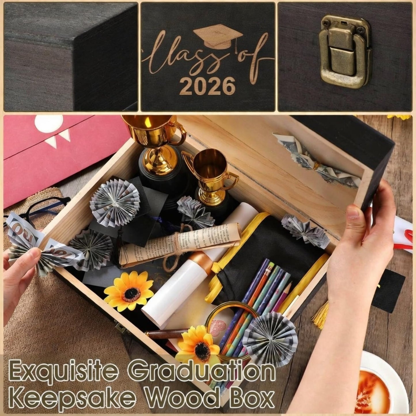 Geelin Graduation Keepsake Wooden Box Class of 2026 Graduation Cap Large Keepsake Box Graduate Wooden Engraving Memento Case for High School College Memory Gifts 13 x 10.5X 5inch(Black)