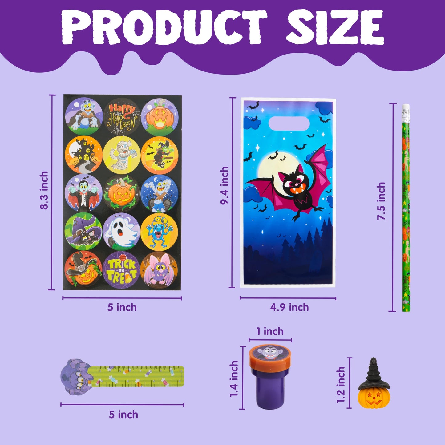 JOYIN 144 Pieces 24 Pack Assorted Halloween Themed Stationery Kids Gift Set Trick Treat Prize Party Favor Toy Including Halloween Pencils, Rulers, Stickers, Stamps and Erasers in Trick or Treat Bags