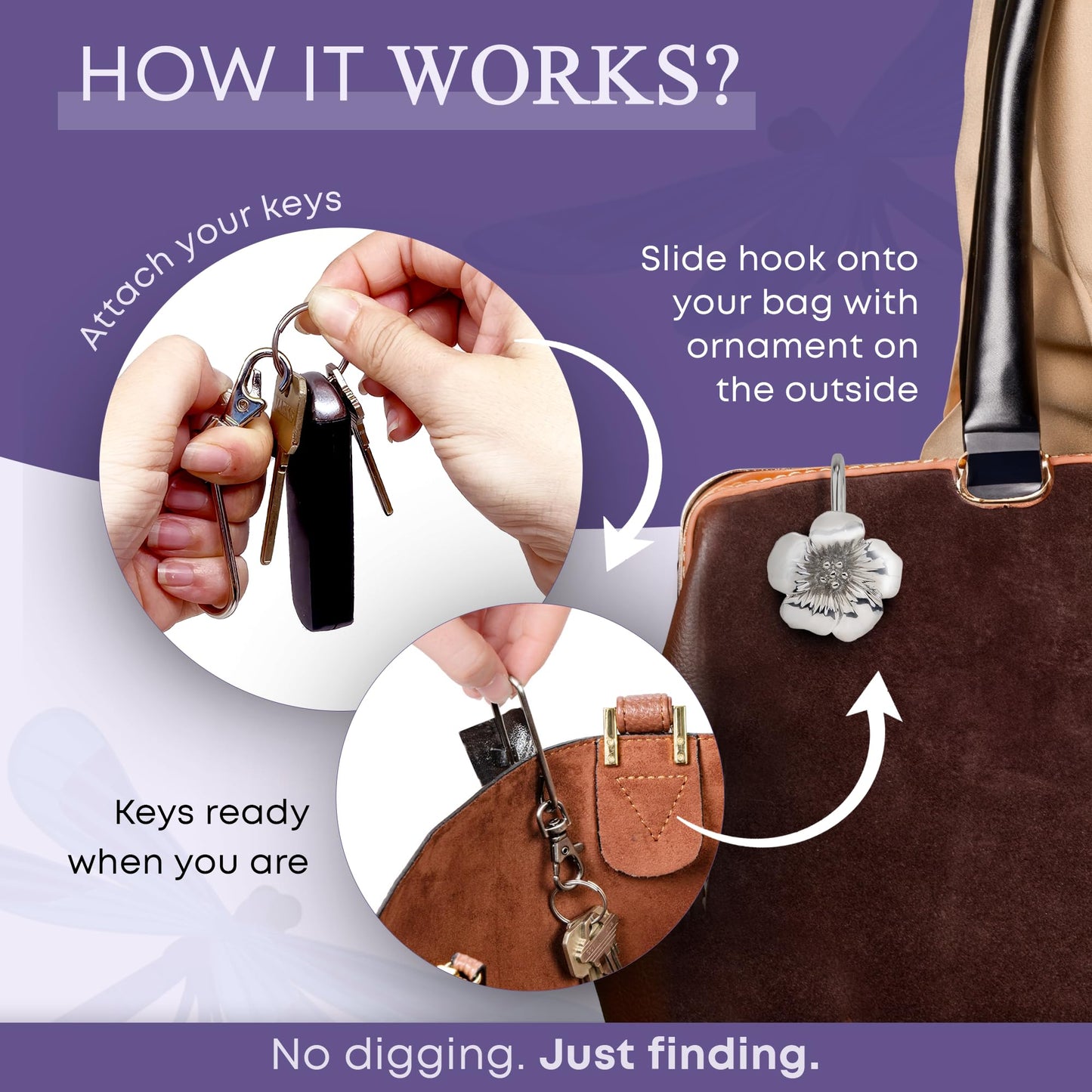 Women’s Bag Charm Key Finder, Car Keychain Hook, Cute Purse Organizer & Tote Bag Accessories, Gifts for Mom - Silver Floral