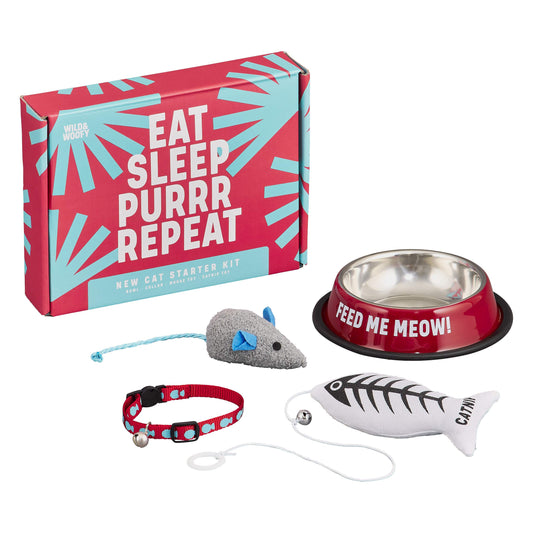 Wild & Woofy Eat Sleep Purr Repeat 4-Piece New Cat Starter Kit Gift Set