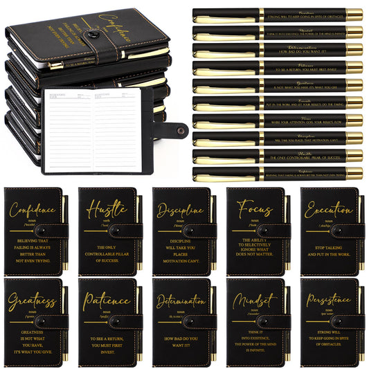 Tenceur 10 Sets Teacher Appreciation Gifts in Bulk Pocket Notebooks with Pens Motivational Leather Journals for Staff Employee Teacher Students Office School Supplies (Black)
