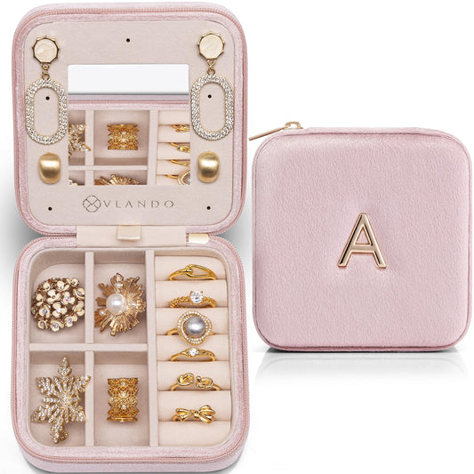 VLANDO Mothers Day Mom Gifts for Women, Travel Jewelry Case for Women, A Initial Jewelry Case, Mini Jewelry Travel Organizer Travel Essentials for Travel Gift- Letter A, Pink