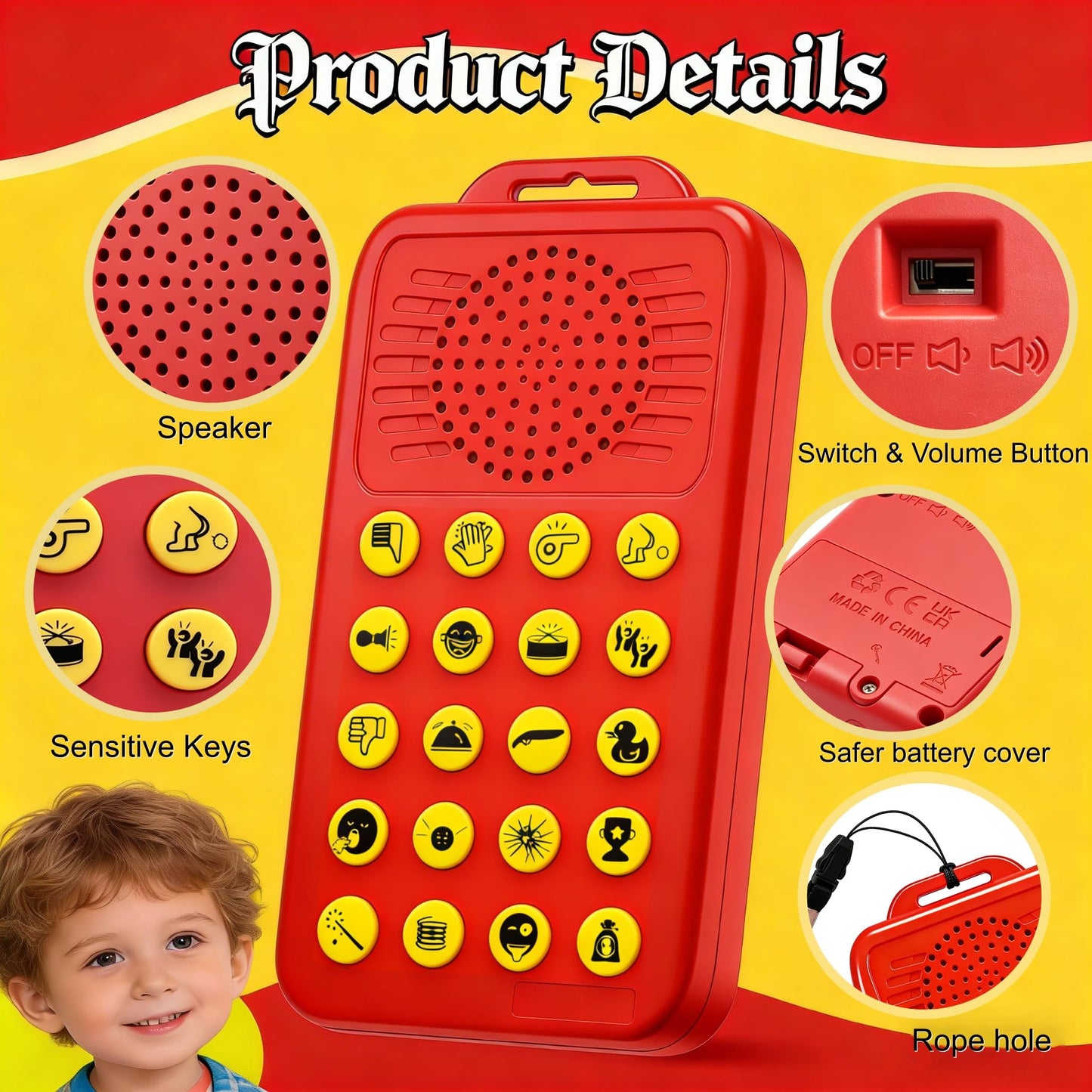 Sound Effects Machine - Gifts for Boys - 20 Hilarious Sounds - Boys Prank Gifts for Kids - 3 4 5 6 7 8 9 10 Year Old Boy Gift - Fun Boys Toys Age 3-13 - Cool Gadgets for Teens Gift (red-B)