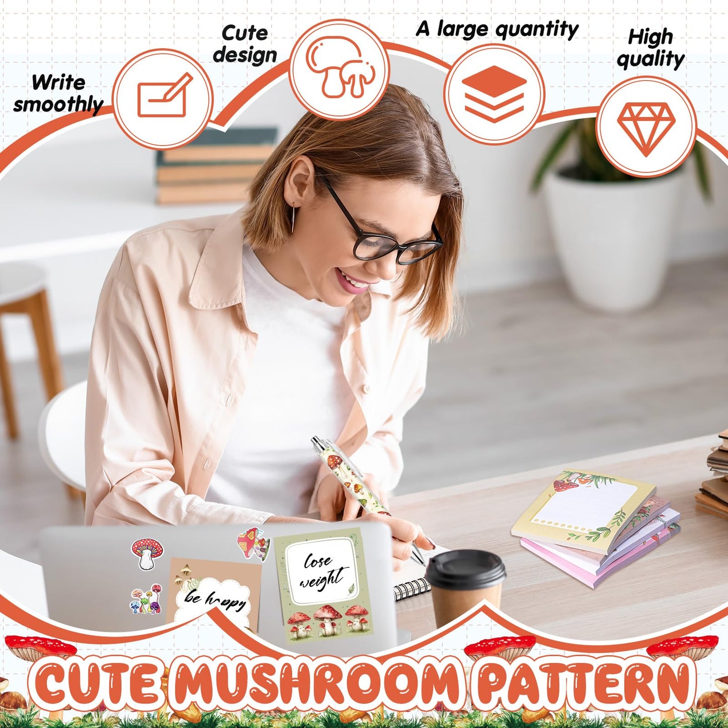 Fuyoooo Mushroom Gifts Set for Women Include Mushroom Ballpoint Pens Sticky Notes Stickers Office Stationery Supplies for Xmas Gifts Theme Birthday Party Favor Decor