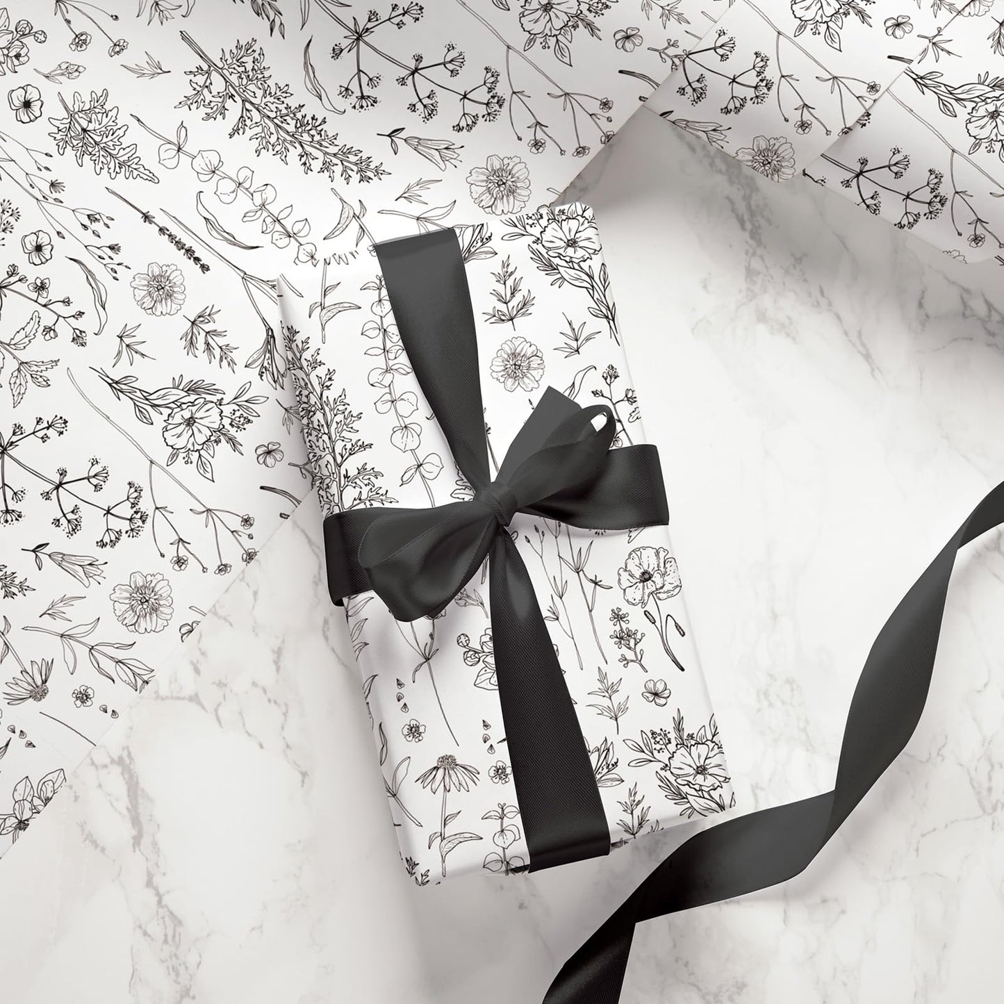 FYSUIMU Vintage Wildflower Wrapping Paper Mini Roll 17 In x 32.8 Ft Spring Black White Floral Gift Wrap Botanical Flower DIY Art Crafts Paper for Wedding Baby Shower Birthday Holiday Party