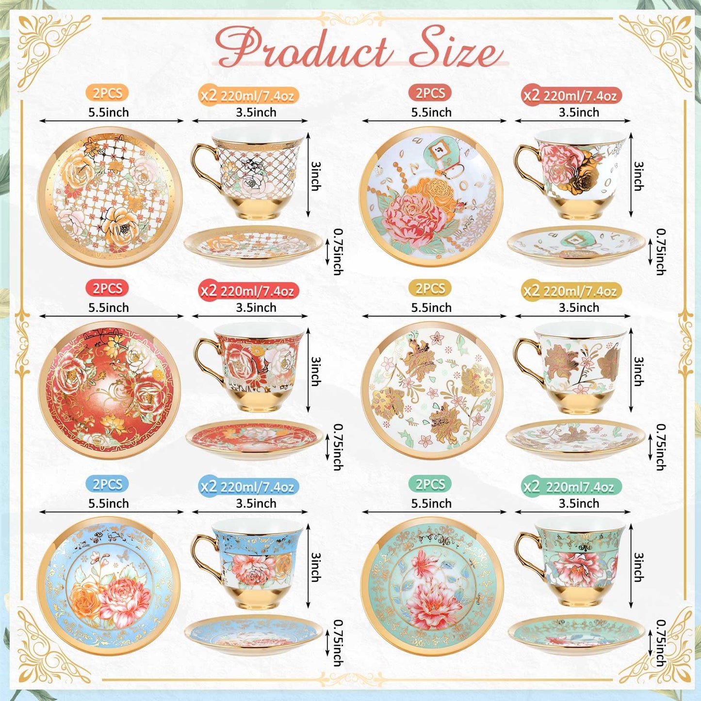 Teenyyou Set of 12 Tea Cups and Saucers Tea Party Decorations Floral Porcelain 7.4 oz British Gift for Women Birthday Party, Church, and Mother's Day (Stylish Style)