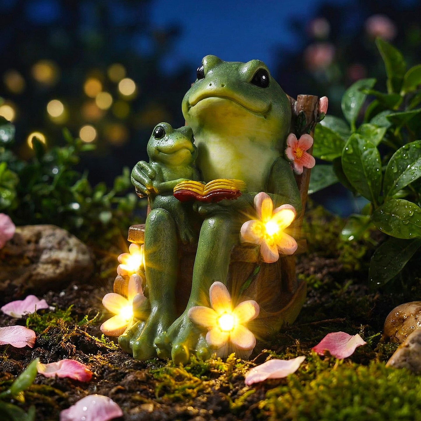 Thyle Frog Miniature Garden Statues Solar Family Reading Frog Garden Statue in Rocking Chair with LED Book Outdoor for Mom Women Grandma Patio Yard Lawn Decor Birthday Gifts Housewarming Decoration