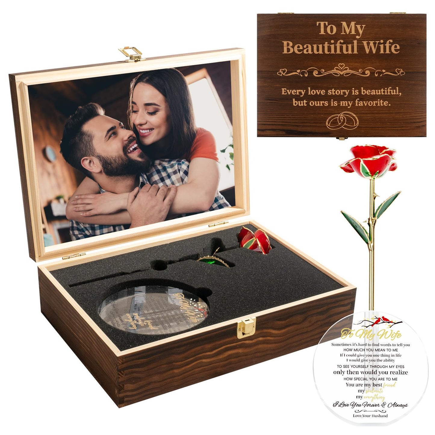 EVA murmure To My Beautiful Wife Women Engraved Wooden Gift Set Includes Crystal Base 24K Gold Dipped Rose for Birthday Gifts & Anniversary