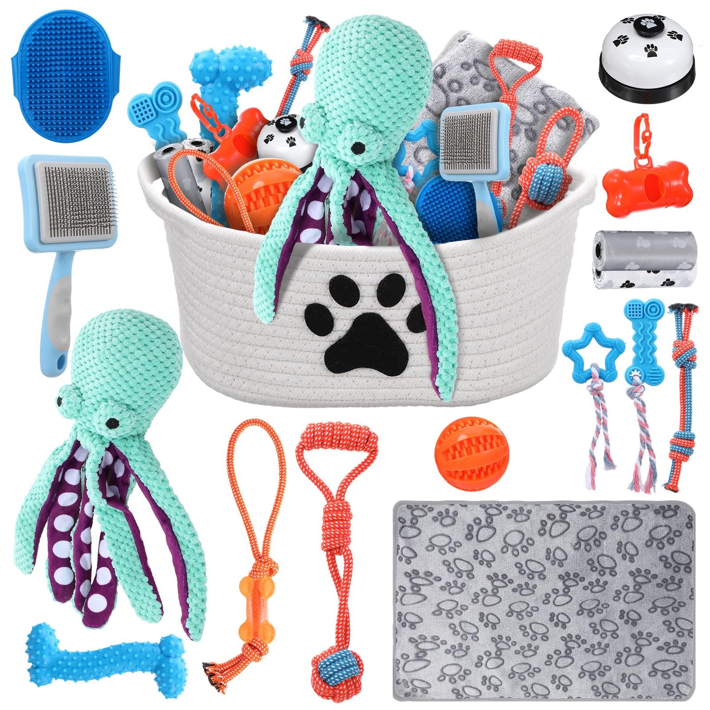 Zopeal 17 Pcs Mother‘s Day Puppy Gift Set, Dog Toy & Essentials Bundle with Chew Toys, Poop Bag Dispenser, Grooming Brush, Training Bell, Blanket & Rope Basket