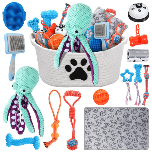 Zopeal 17 Pcs Mother‘s Day Puppy Gift Set, Dog Toy & Essentials Bundle with Chew Toys, Poop Bag Dispenser, Grooming Brush, Training Bell, Blanket & Rope Basket