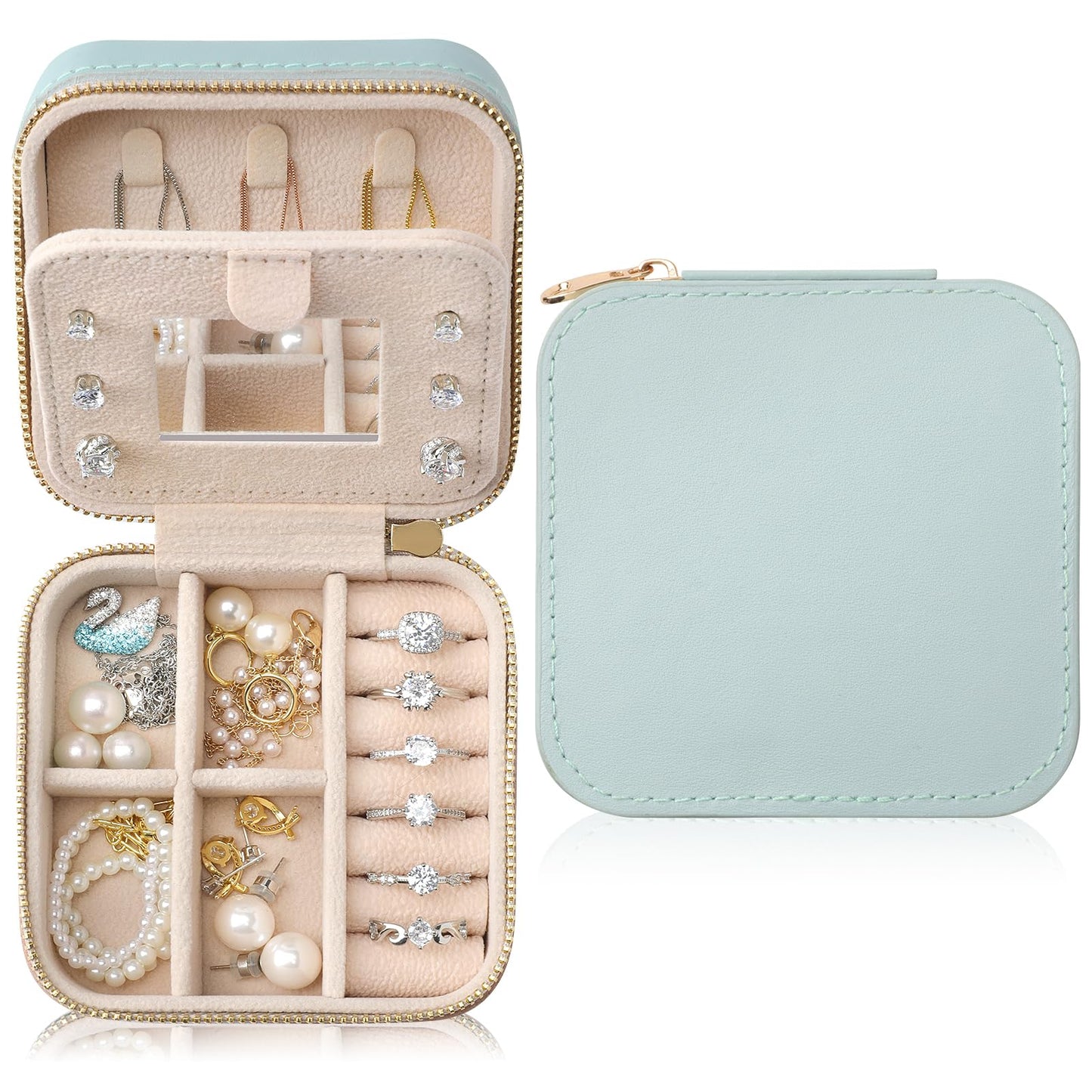 NGVRC Genuine Leather Travel Jewelry Case Organizer with Mirror for Women, Small Jewelry Box Portable Mini Jewelry Case for Earring, Ring, Necklace, Bracelet(Cyan)