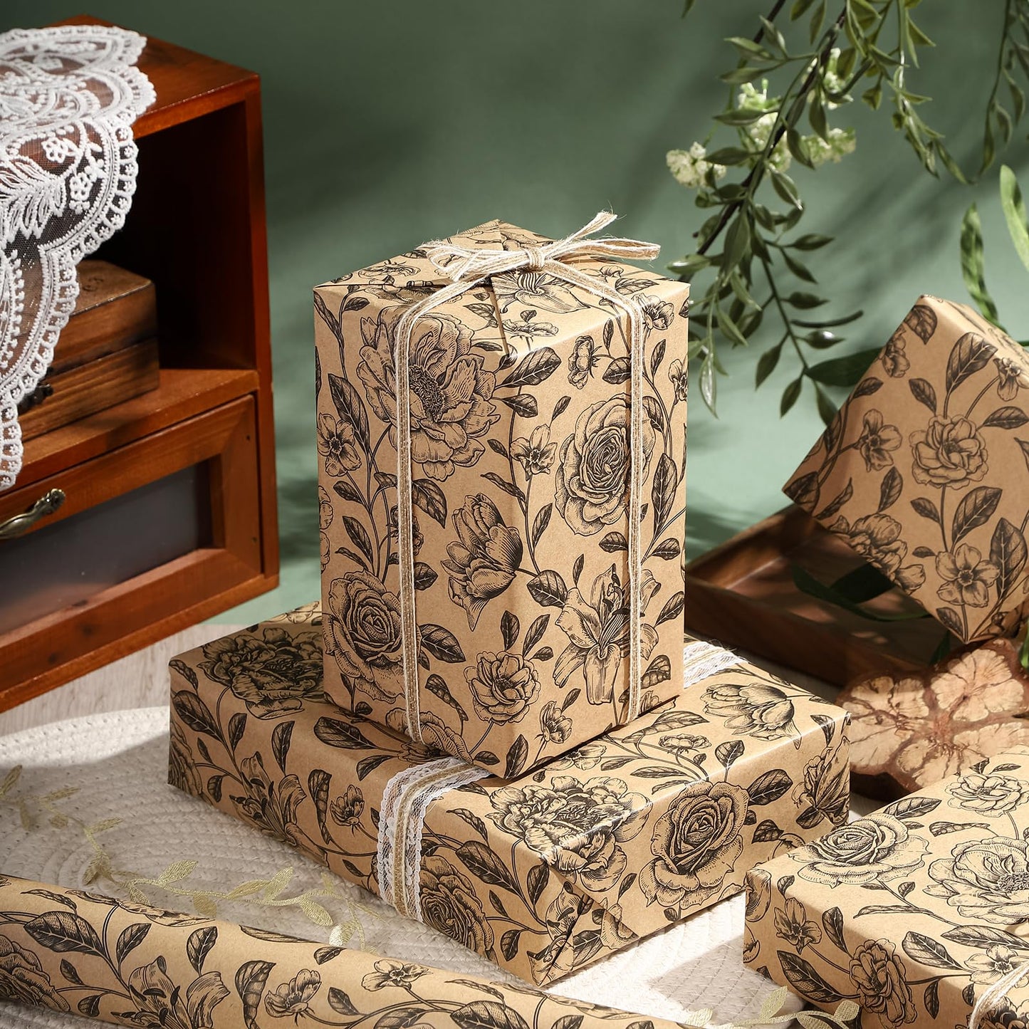 WRAPAHOLIC 30 Inch Kraft Floral Wrapping Paper Roll - 30 Inch x 33 Feet - Vintage Black Flower Wrapping Paper for Birthday, Bridal Shower, Wedding, Baby Shower